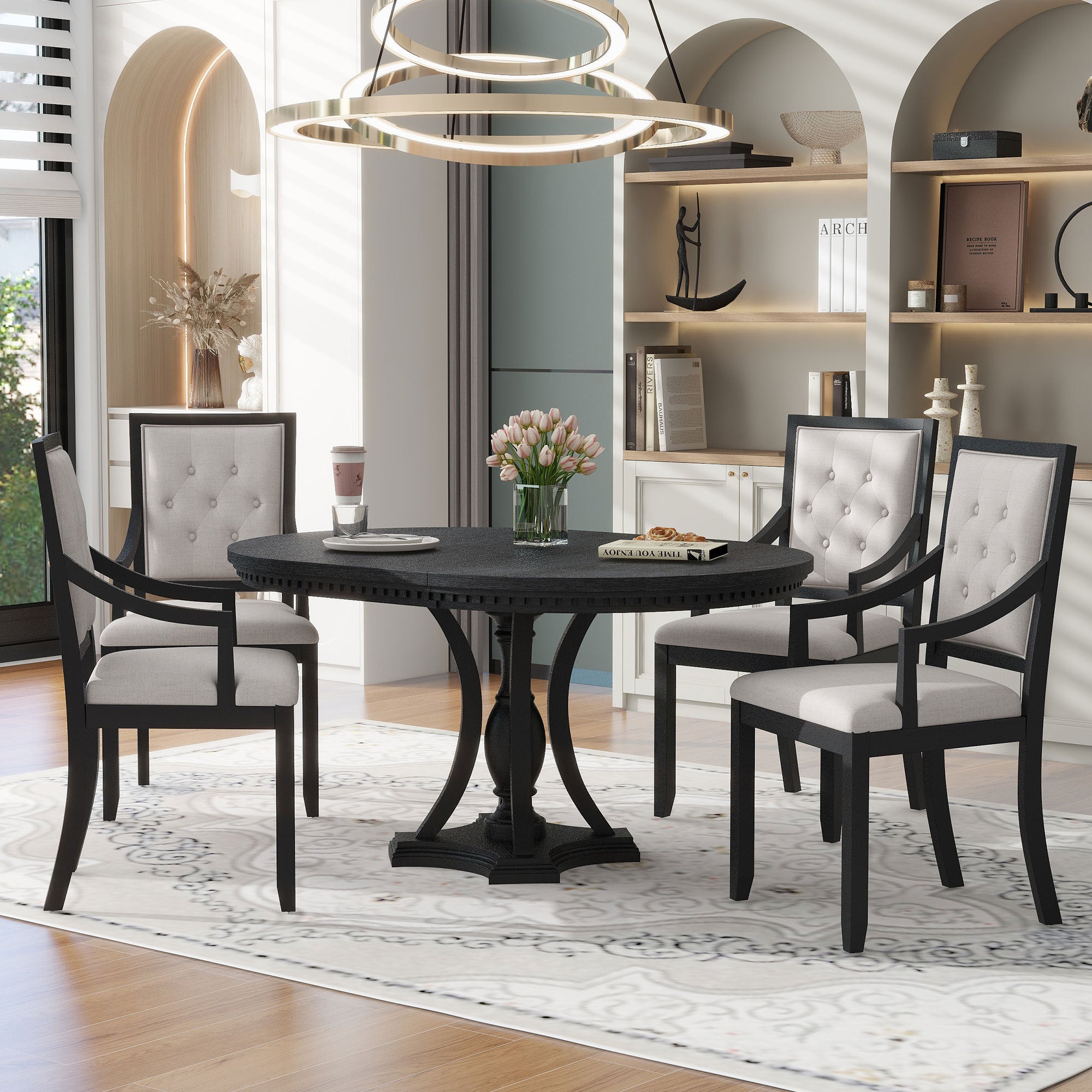 TREXM Retro 5-piece Dining Set Extendable Round Table and 4 Chairs for ...