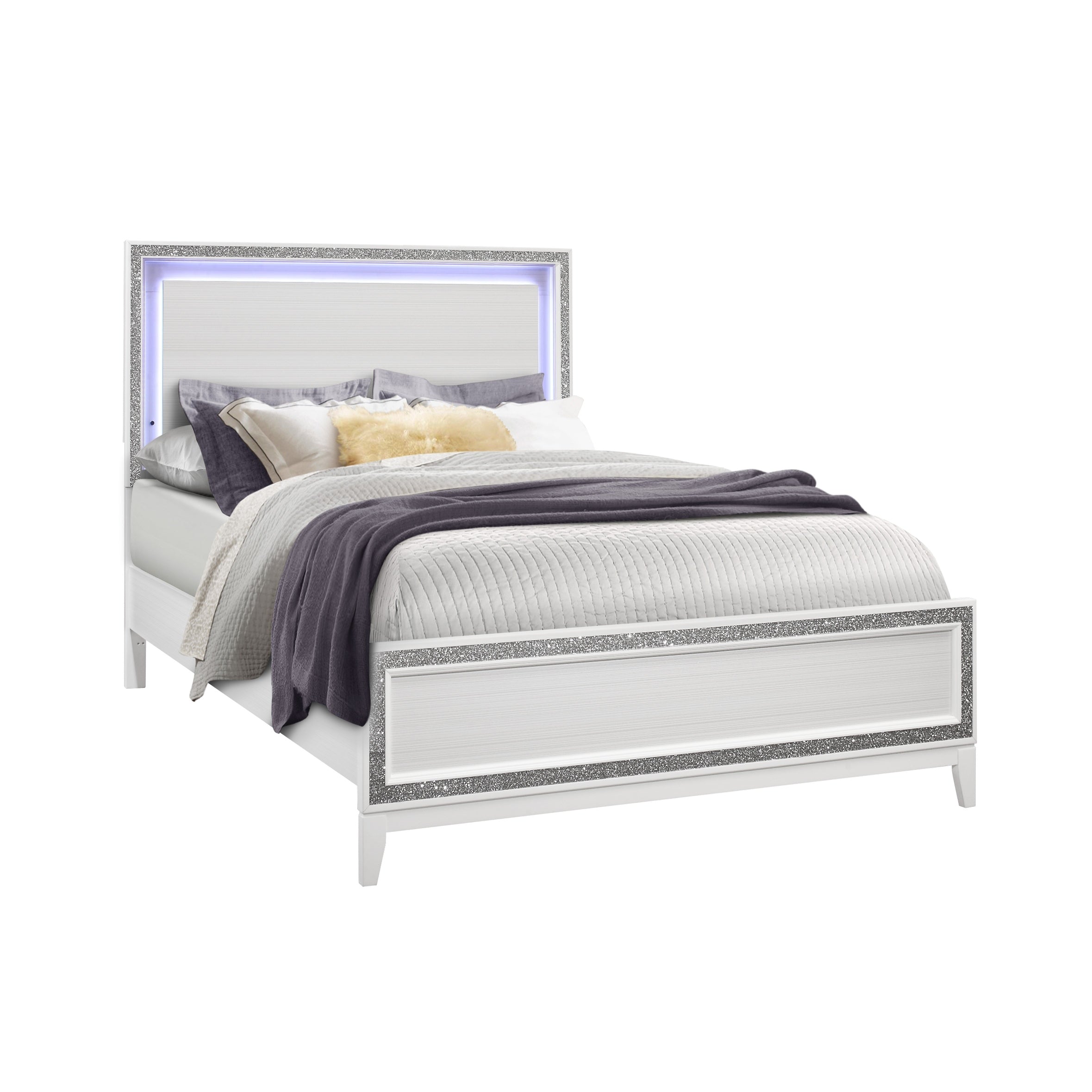 ALMERA Modern White 5-Piece Queen Bedroom Set with LED Lighting and Rubber Wood Construction