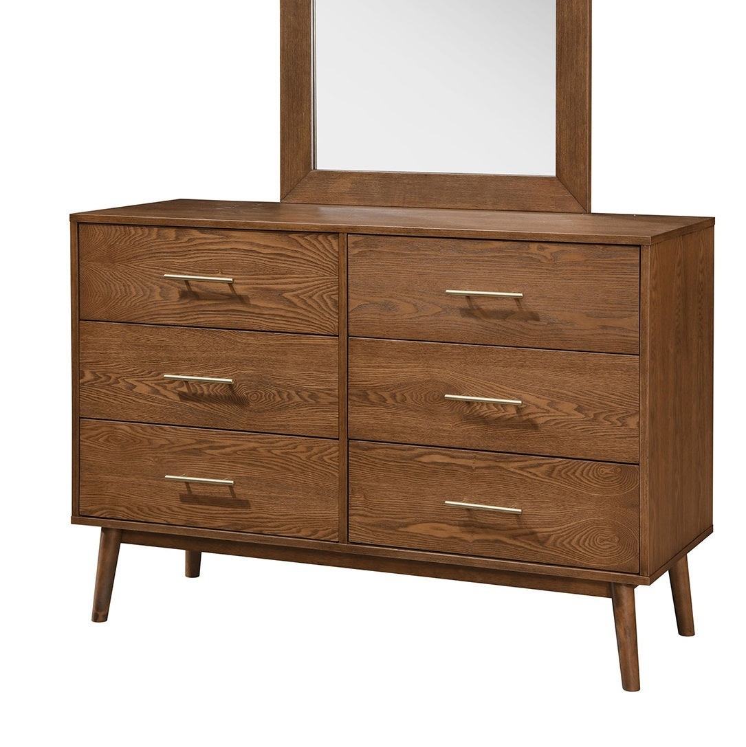 Walnut 1pc Dresser Only Solid wood Nickle Bar Pulls 5-Drawers Storage Round Tapered Legs Bedroom Mid-Century Modern Style