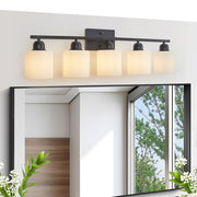 Black Bathroom Light Fixtures, 5-Light Modern Vanity Light Over Mirror, Wall Sconces with Milky White Frosted Glass Shades, E26 Socket (Bulbs Not Included)
