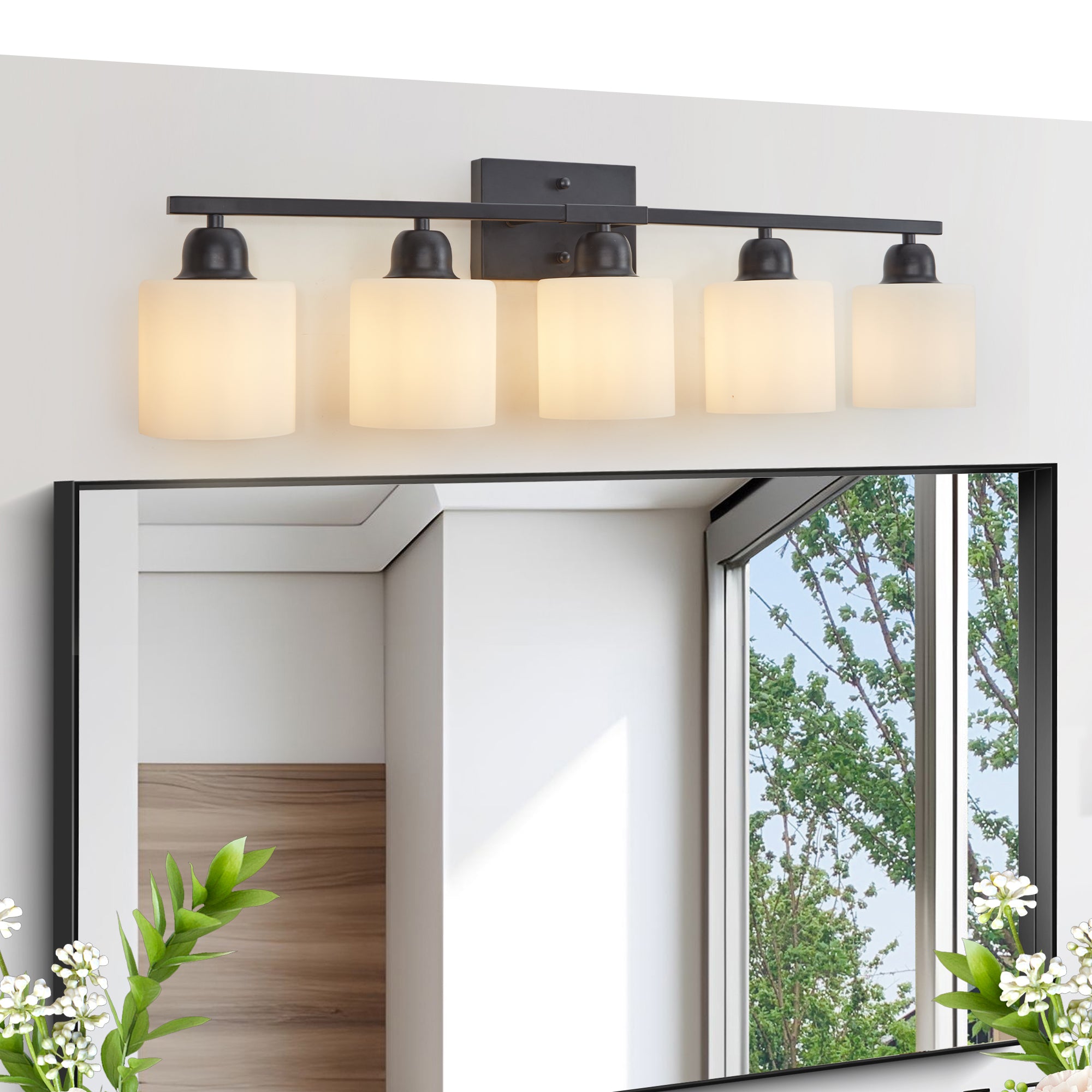 Black Bathroom Light Fixtures, 5-Light Modern Vanity Light Over Mirror, Wall Sconces with Milky White Frosted Glass Shades, E26 Socket (Bulbs Not Included)