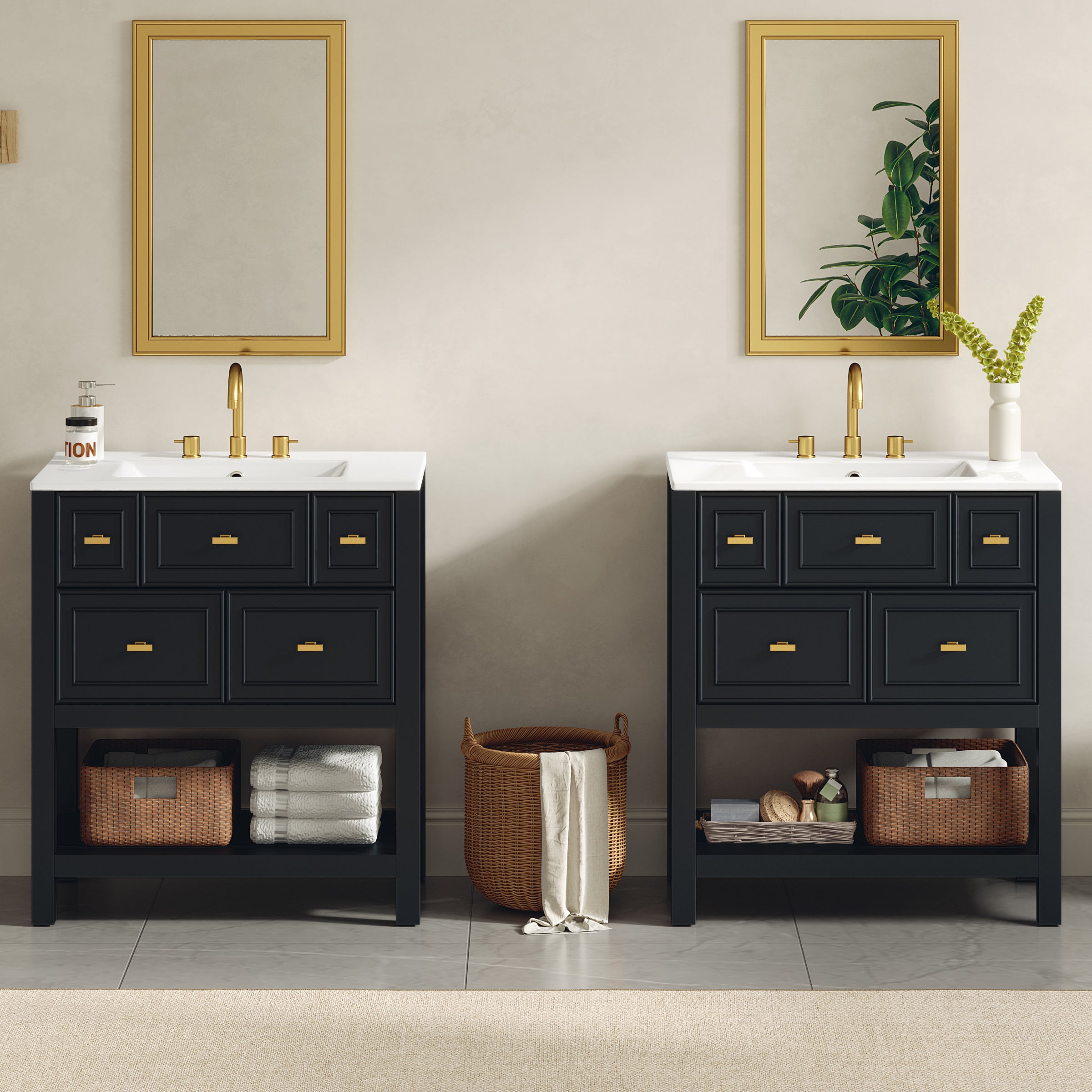 60'' Bathroom Vanity Set with Ceramic Sink (Separate), Free Standing Single Vanity Set with Drawers, Solid Wood Frame Bathroom Storage Cabinet