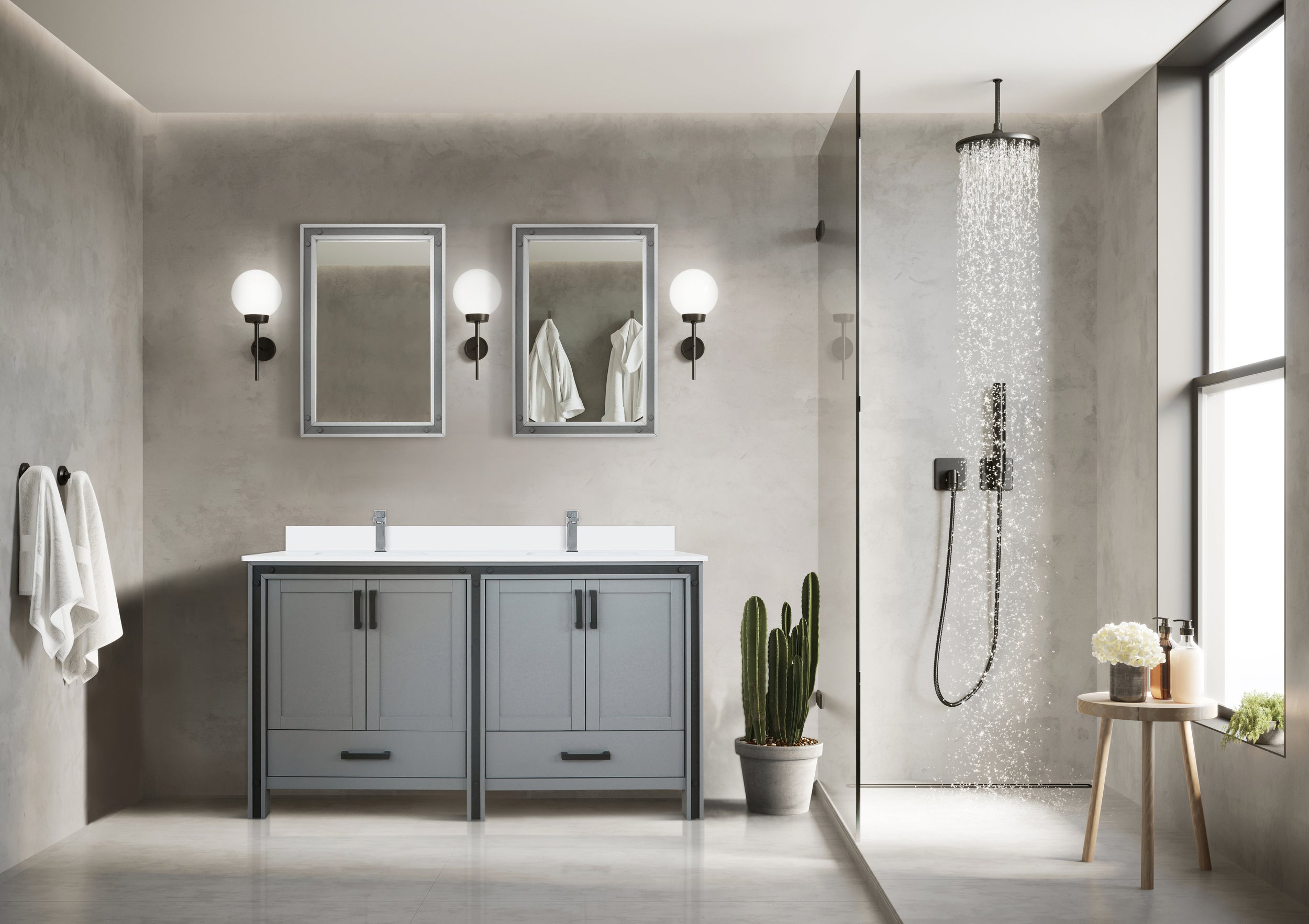 Dark Grey Double Bath Vanity 60 in. W x 22 in. D, with White Quartz Top