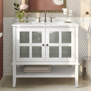 36' Bathroom Vanity with Ceramic Sink, Bathroom Vanity with Adjustable Shelf and Open Shelf, with Solid Wood Legs, Waterproof Painted Finish, Silver Metal Knobs and Soft Close Hinges Design, White