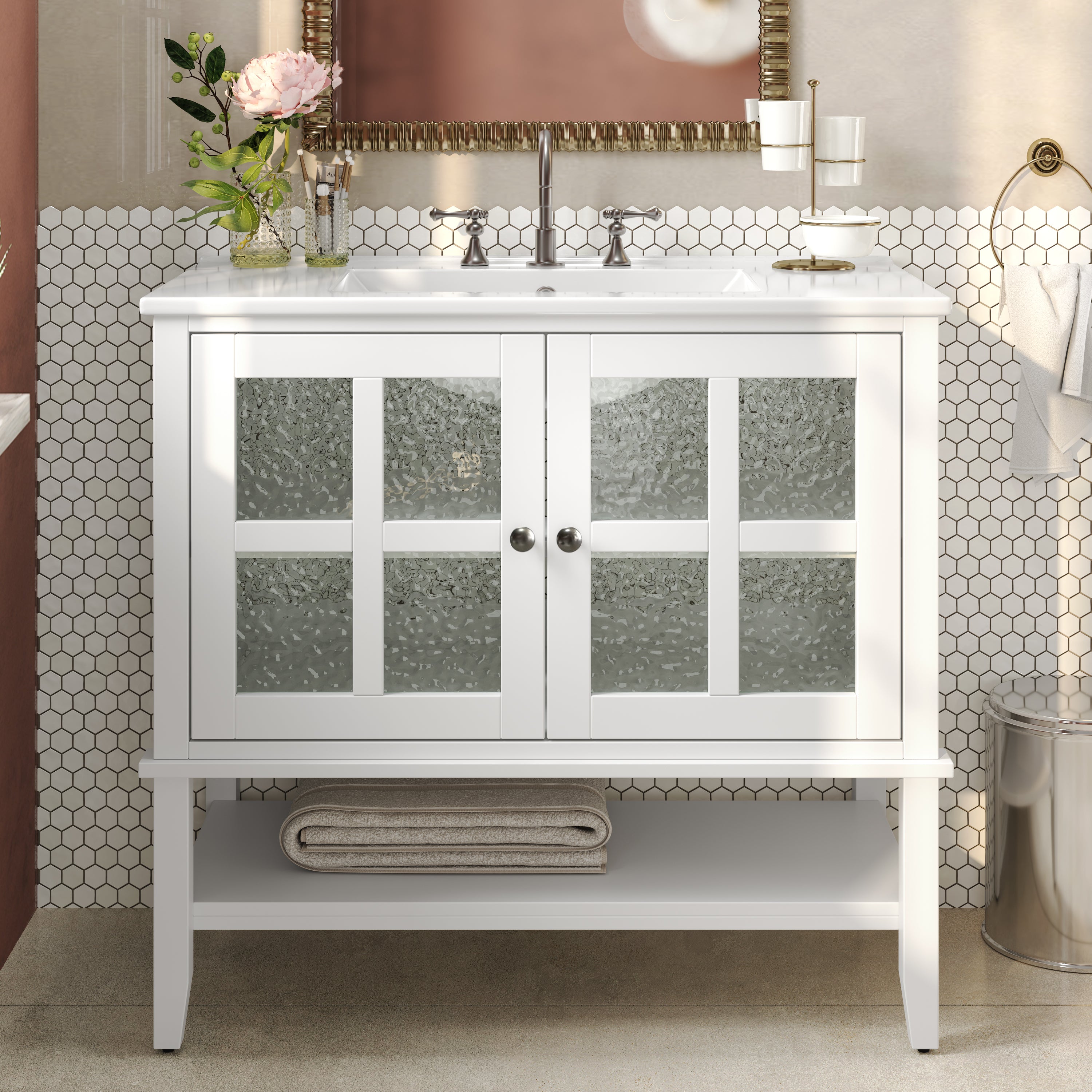 36' Bathroom Vanity with Ceramic Sink, Bathroom Vanity with Adjustable Shelf and Open Shelf, with Solid Wood Legs, Waterproof Painted Finish, Silver Metal Knobs and Soft Close Hinges Design, White