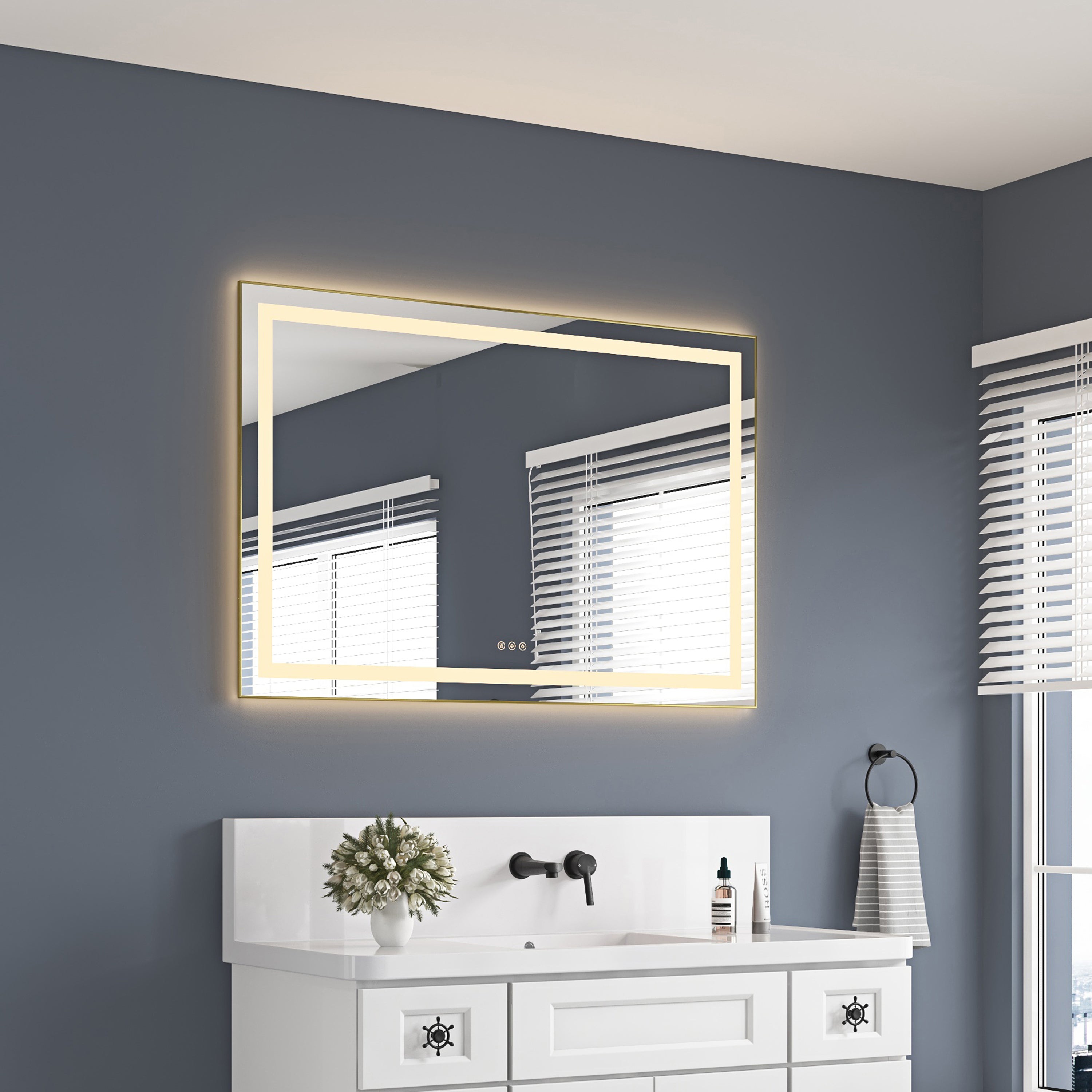 48' x 32' LED Bathroom Mirror with Front and Backlight, Wall Mounted Vanity Mirror with Aluminum Frame, Anti-Fog, Memory, 3 Colors, Stepless Dimmable