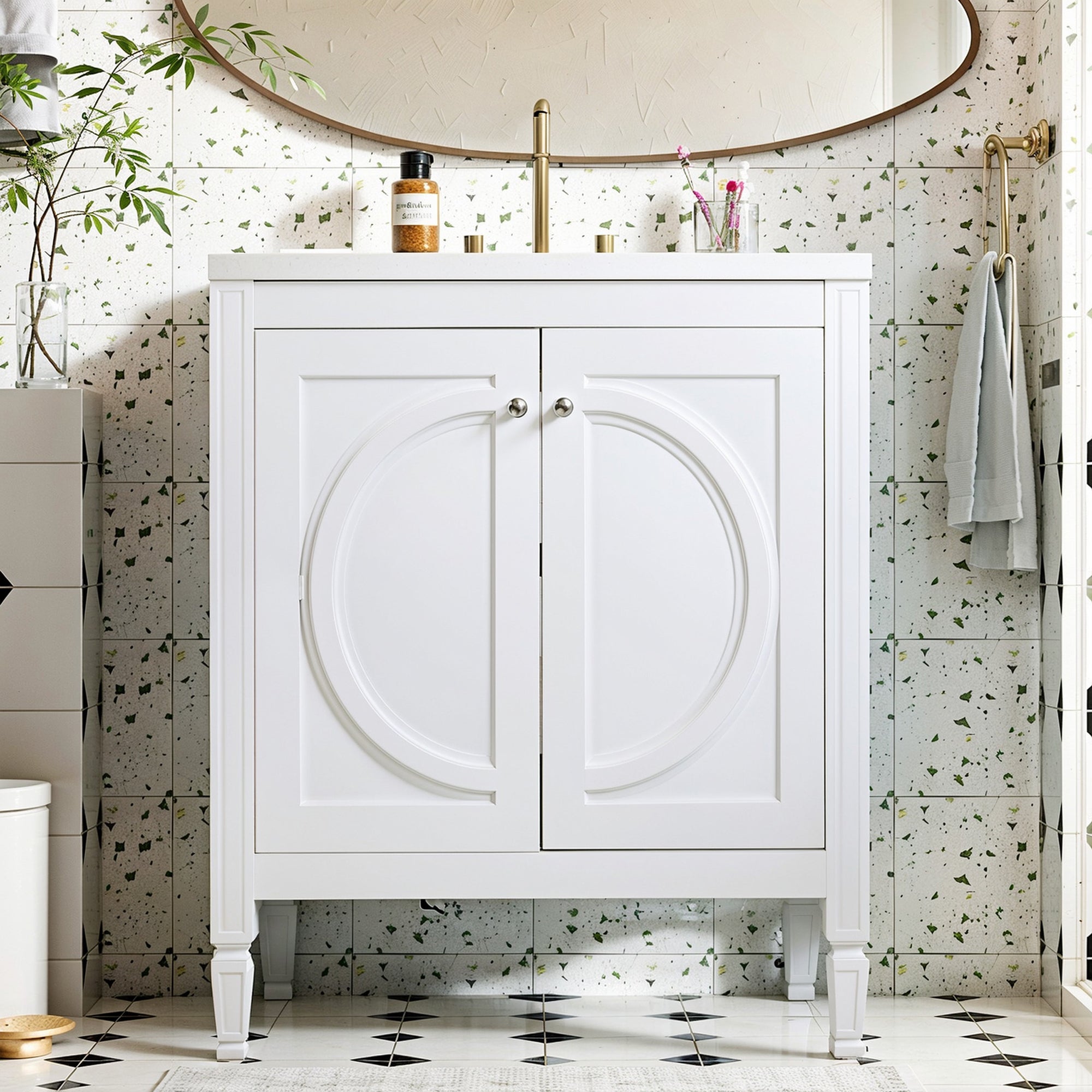 30' No Assembly Needed Vintage White Bathroom Vanity with Ceramic Sink,Two Soft-Close Doors & Adjustable Shelf,Modern Farmhouse Style