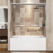 56'-60' W x 57' H Aluminum Frame Double Sliding Shower Door, Soft-Close Chrome Bathtub Door, 1/4' (6mm) Clear Tempered Glass With Explosion-proof Film, Dual Stainless Steel Handles