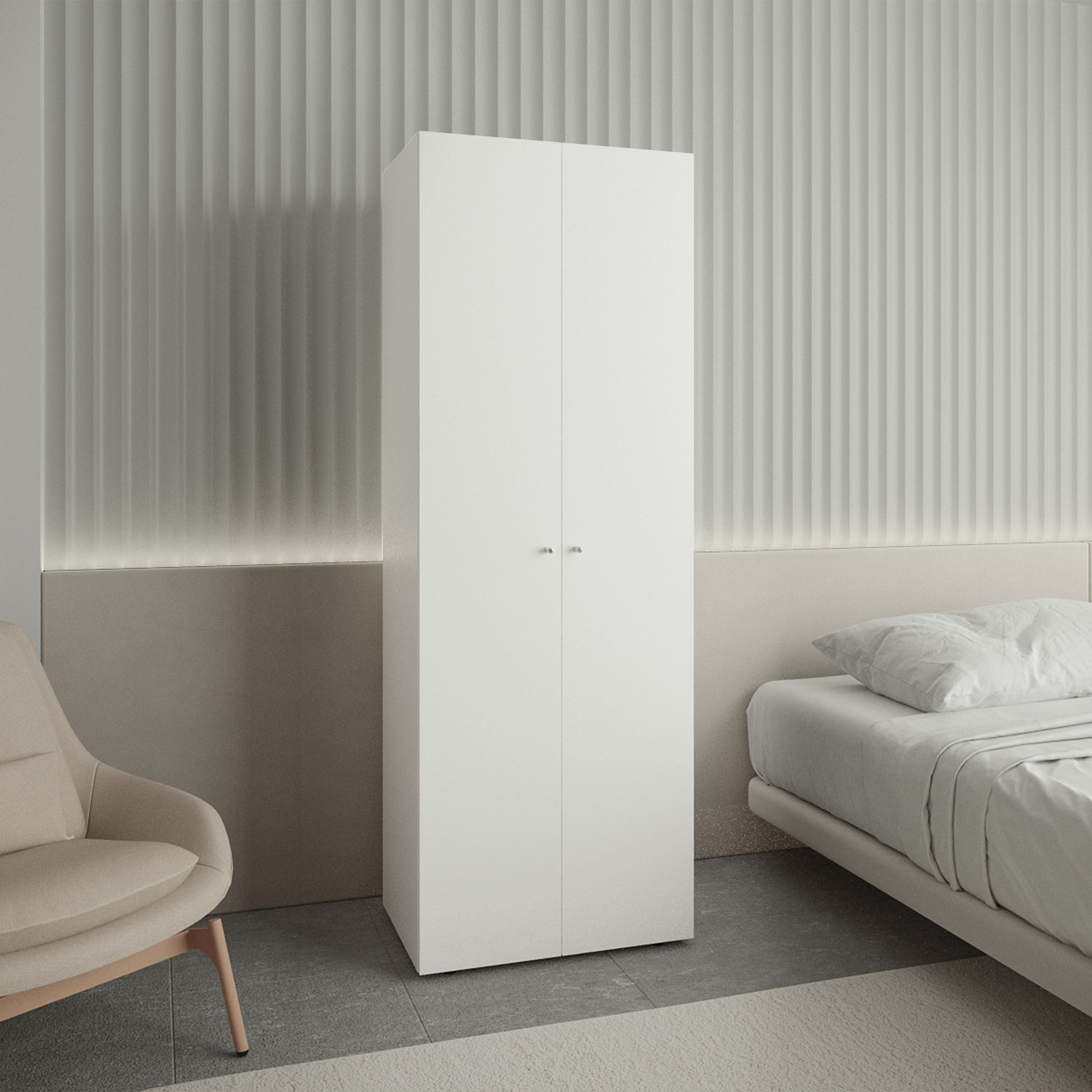Home 2 Doors Closet System Armoire, Hanging Rod and Storage Shelf, Modern Armoire for Bedroom Organization Storage, White