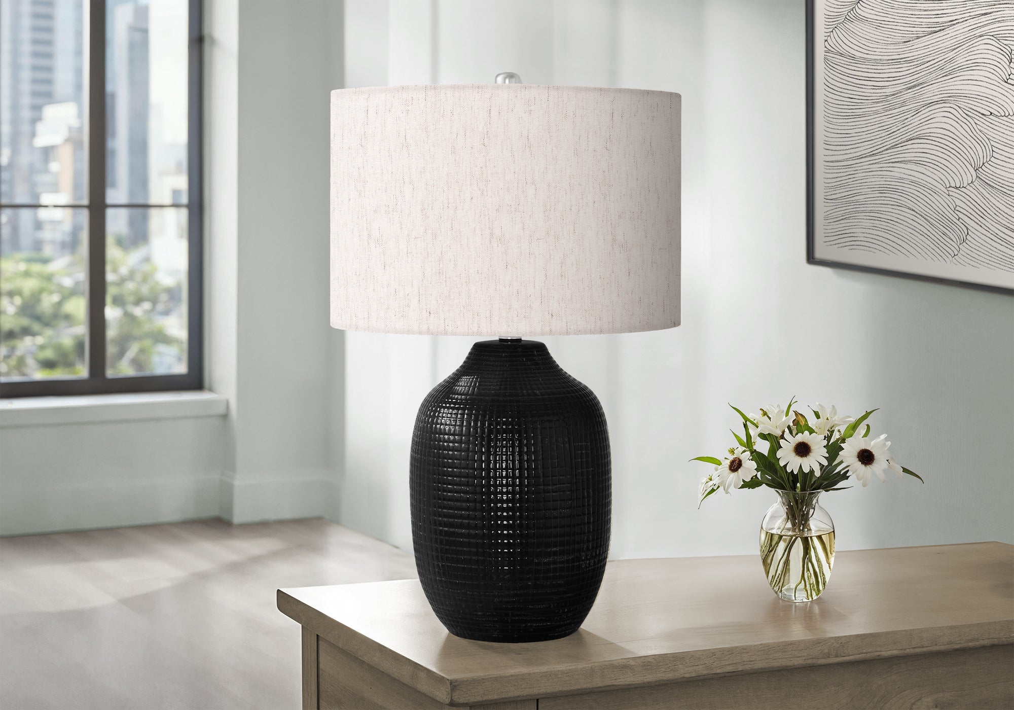 Lighting, 26'h, Table Lamp, Black Ceramic, Ivory / Cream Shade, Contemporary