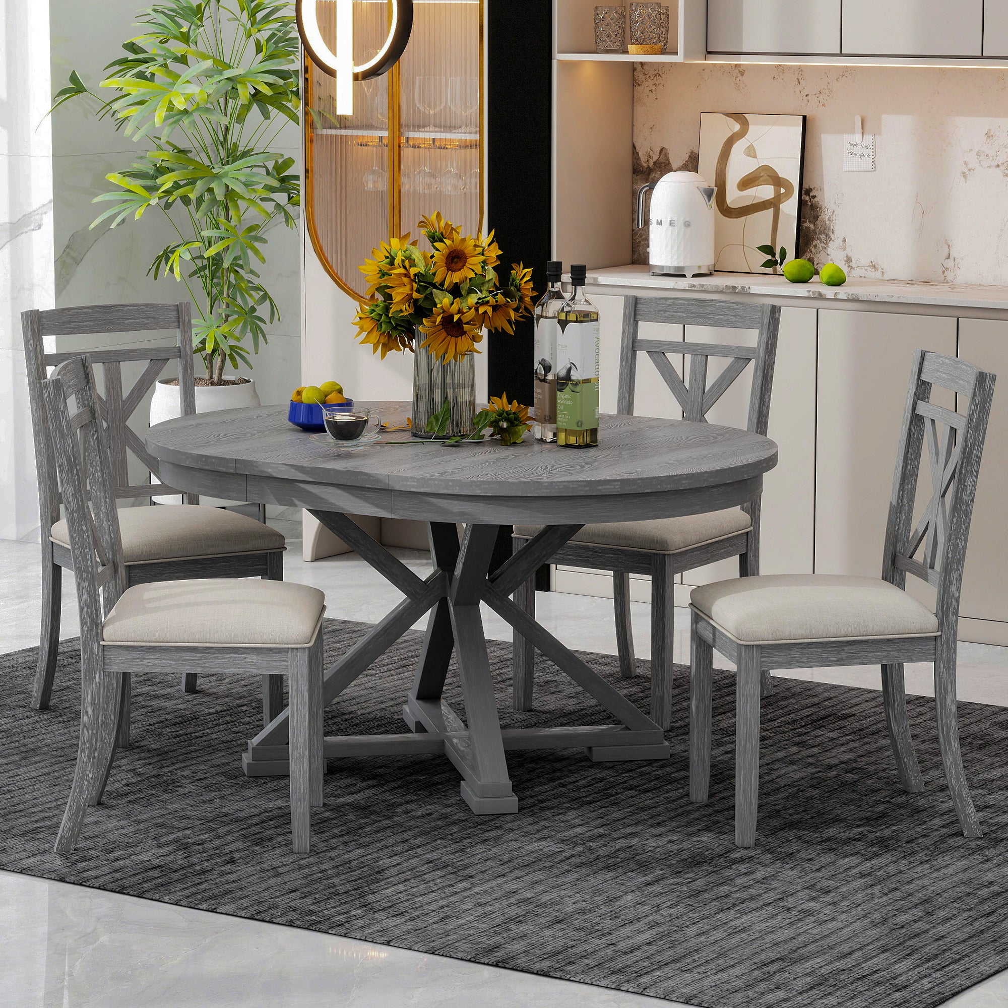 TREXM 5-Piece Retro Functional Dining Table Set Extendable Round Table and 4 Upholstered Chairs for Dining Room and Living Room (Grey)