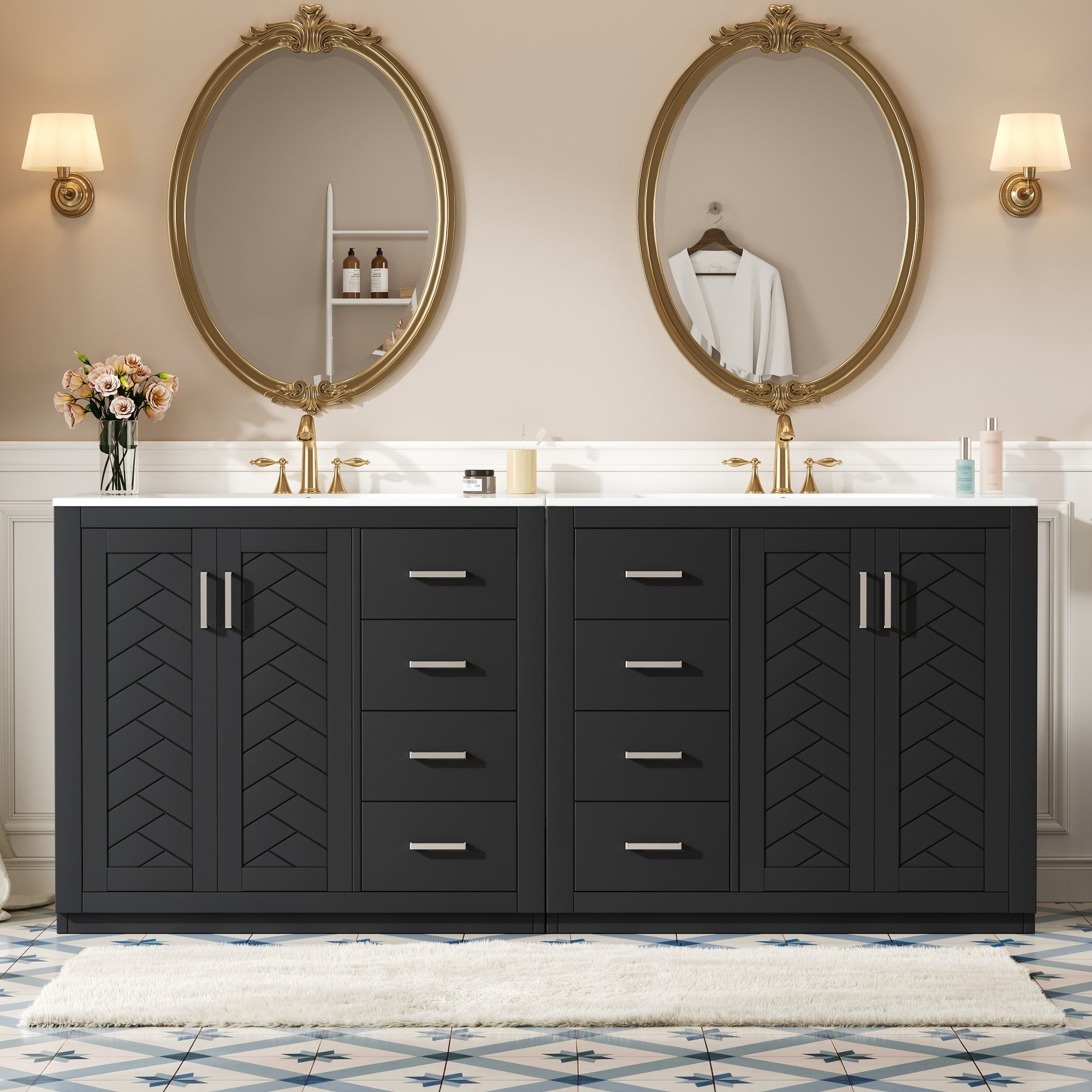 72'' Bathroom Vanity with Ceramic Sink (Separate), Solid Wood Frame Bathroom Storage Cabinet, Freestanding Vanity Set with Drawers& Soft Closing Doors