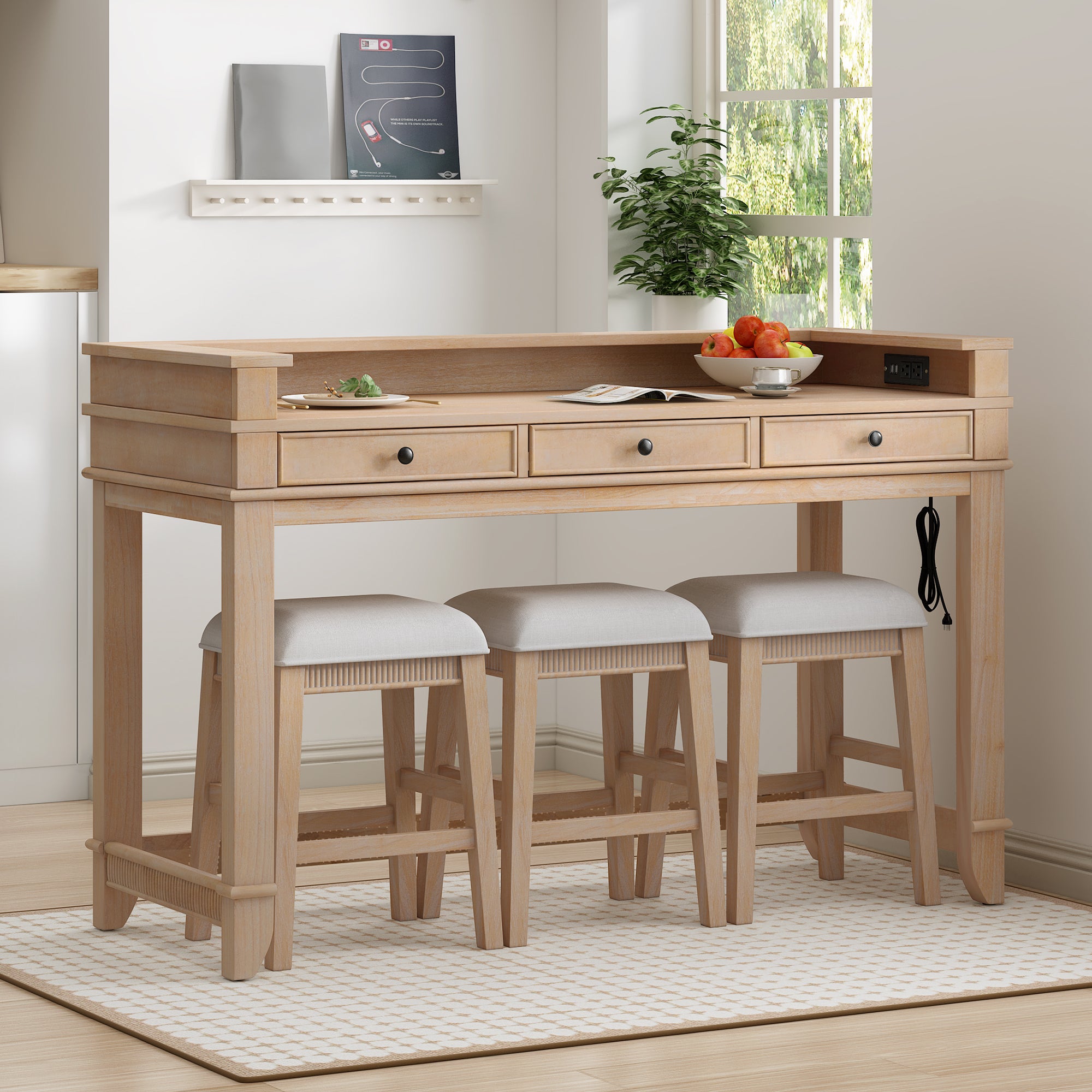 TREXM 4-Piece Dining Table Set for 3, Retro Kitchen Table and Chairs Set with 3 Storage Drawers, Ideal for Small Spaces (Natural)