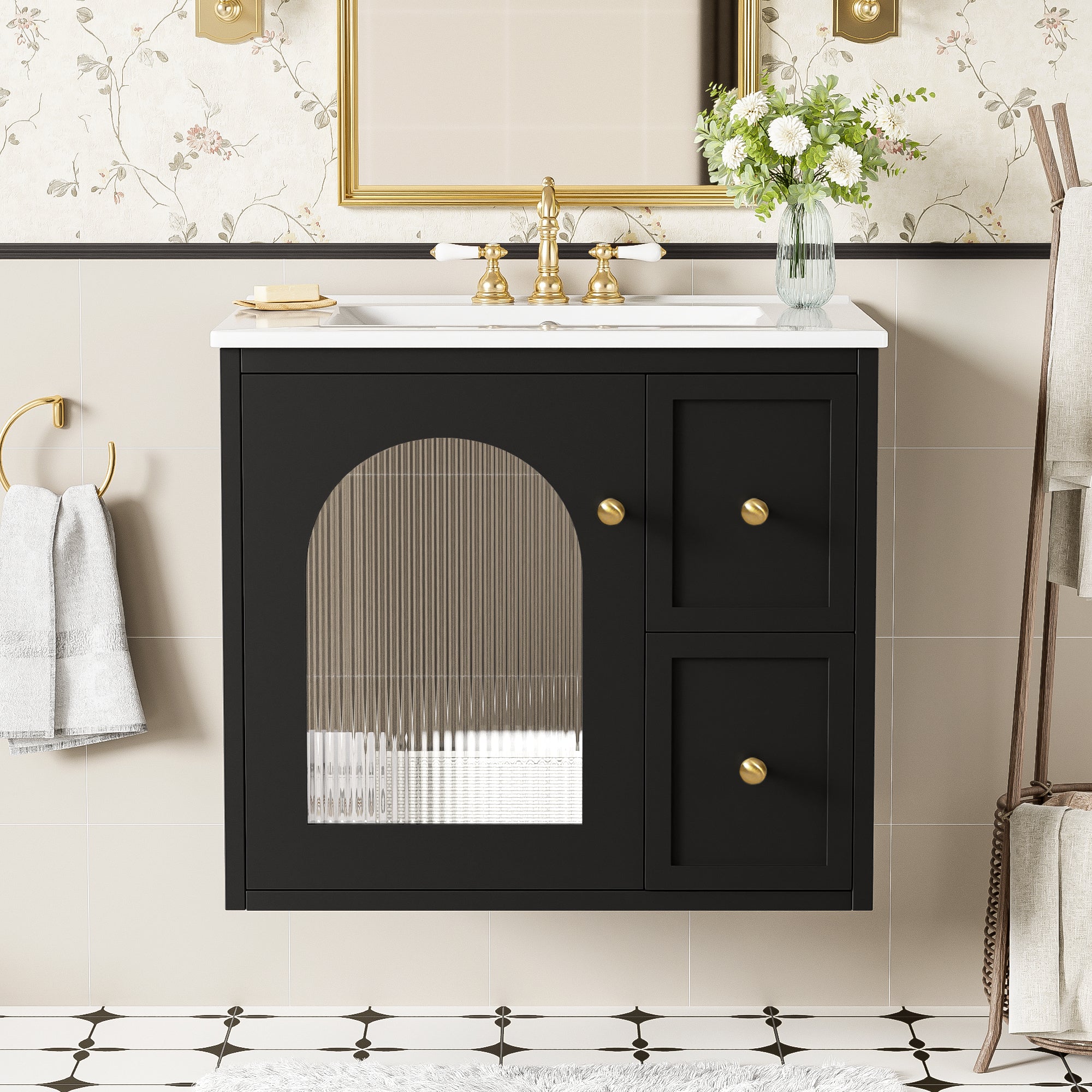 24' Bathroom Vanity Set Wall Mounted for Small Space, Bathroom Cabinet with Ceramic Sink, 2 Drawers and 1 Soft-Close Door