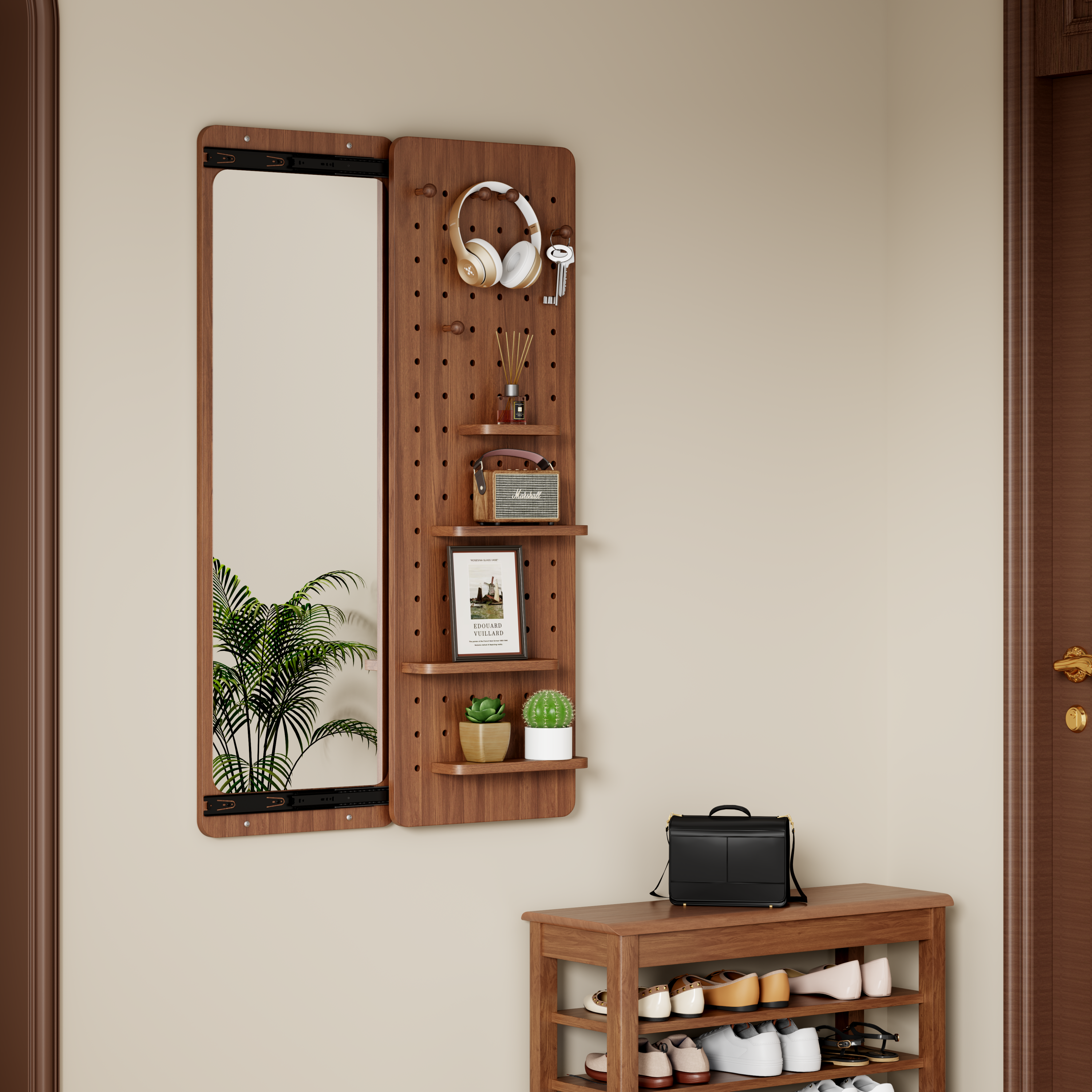 Wall Mounted Full Length Mirror, Full Body Mirror with Shelf, Full Body Mirror with Hook Wall Mounted Mirror with Multifunctional Design Panel, Bedroom/Living Room/Entrance Walnut (47.6*15.7in)