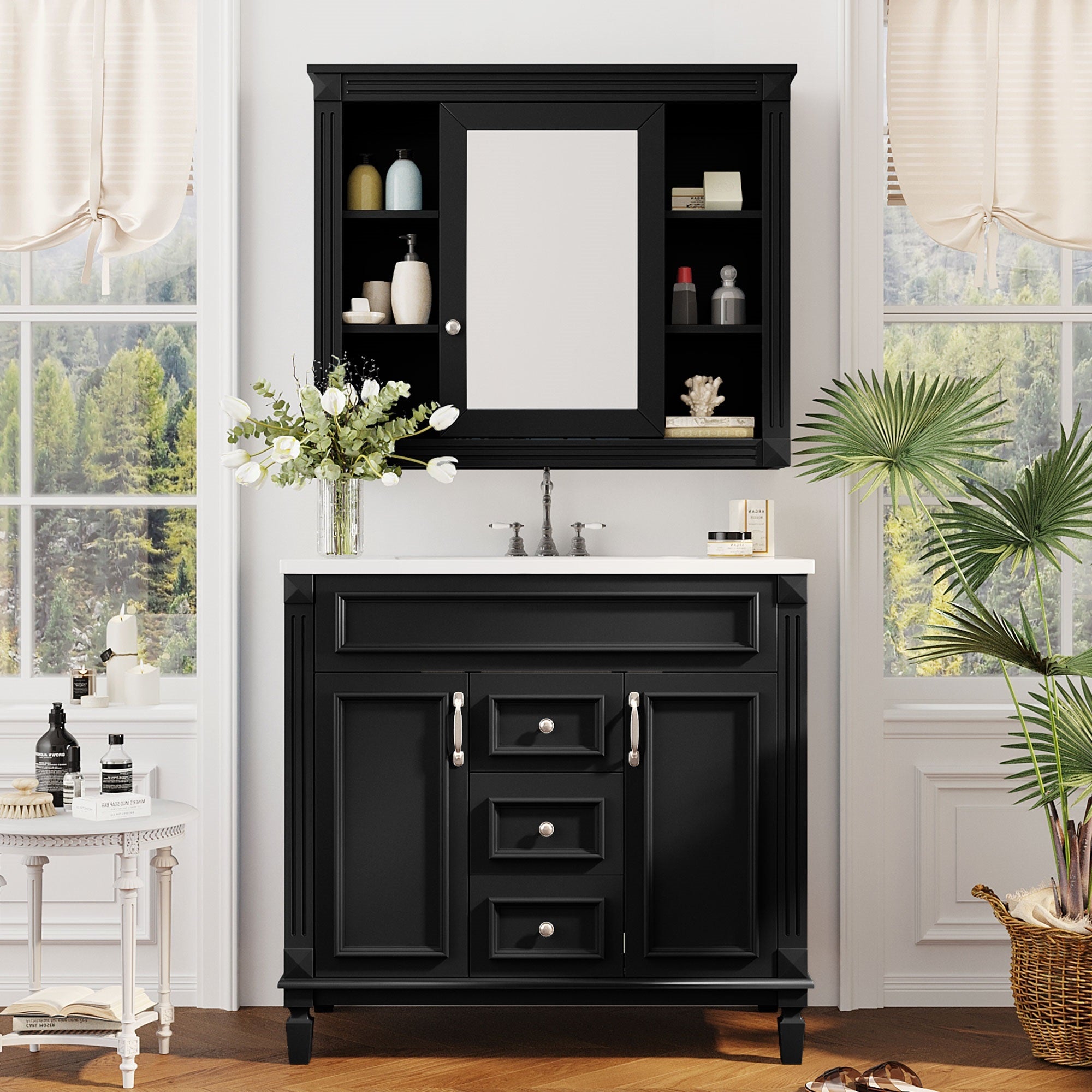 36'' Bathroom Vanity with Top Sink, Black Mirror Cabinet, Modern Bathroom Storage Cabinet with 2 Soft Closing Doors and 2 Drawers, Single Sink Bathroom Vanity