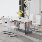 Modern minimalist dining table. Imitation marble glass sticker desktop, stainless steel legs, stable and beautiful. 4 white PU seats. 63 '* 35.4' * 29.5 'DT-69 C-1162