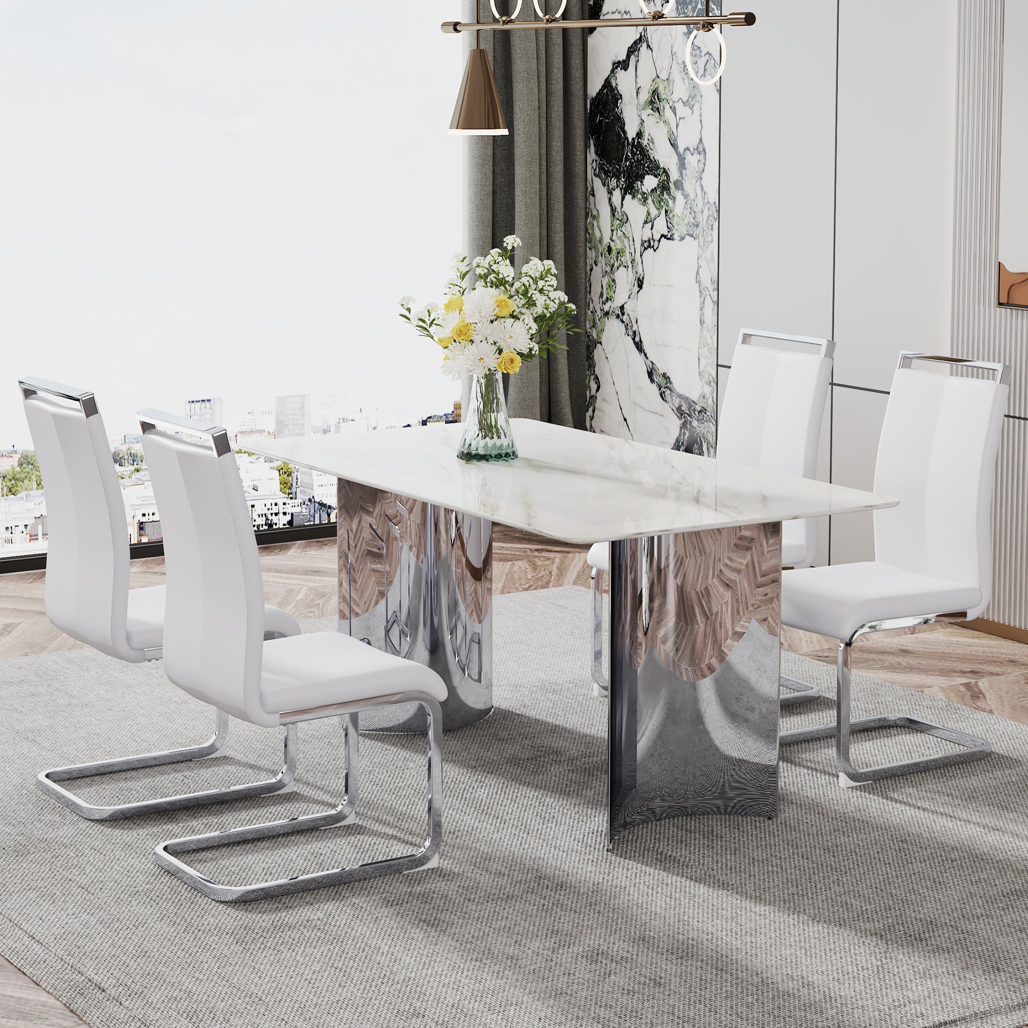 Modern minimalist dining table. Imitation marble glass sticker desktop, stainless steel legs, stable and beautiful. 4 white PU seats. 63 '* 35.4' * 29.5 'DT-69 C-1162