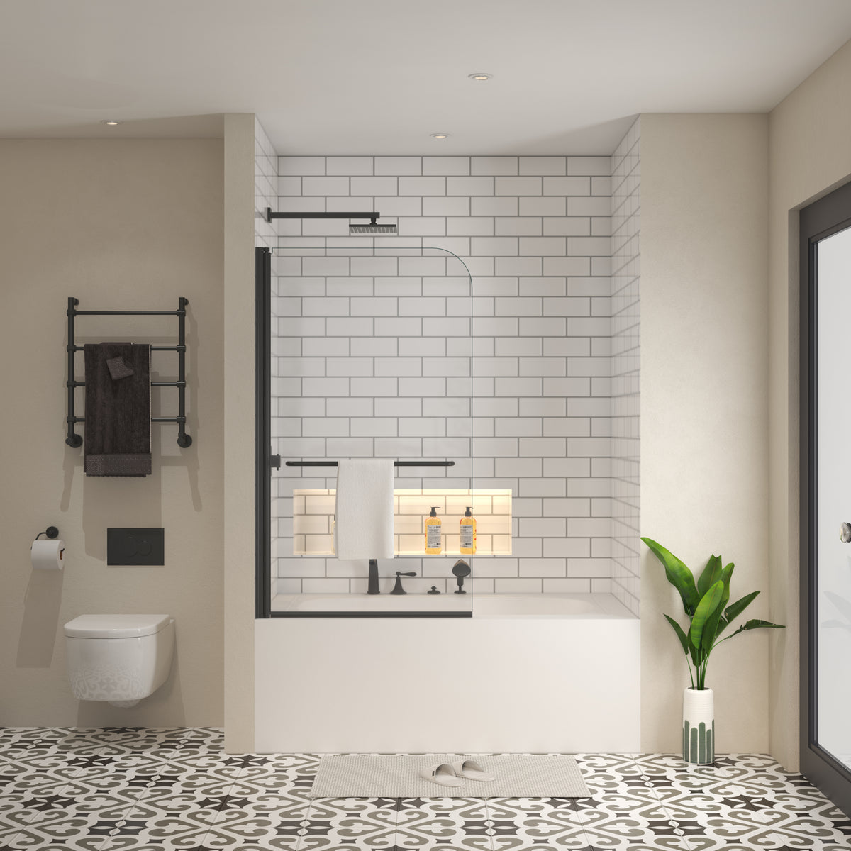 Bath tub Pivot shower screen, with 1/4' tempered glass and towel bar 3458