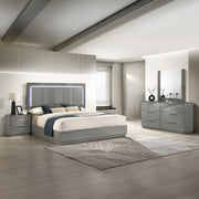 Elara Queen 4-Piece Set – Two-Tone High-Gloss Marble & Lacquer Finish with LED Lighting, Metal-Finished Legs- Gray (NJ Inventory)