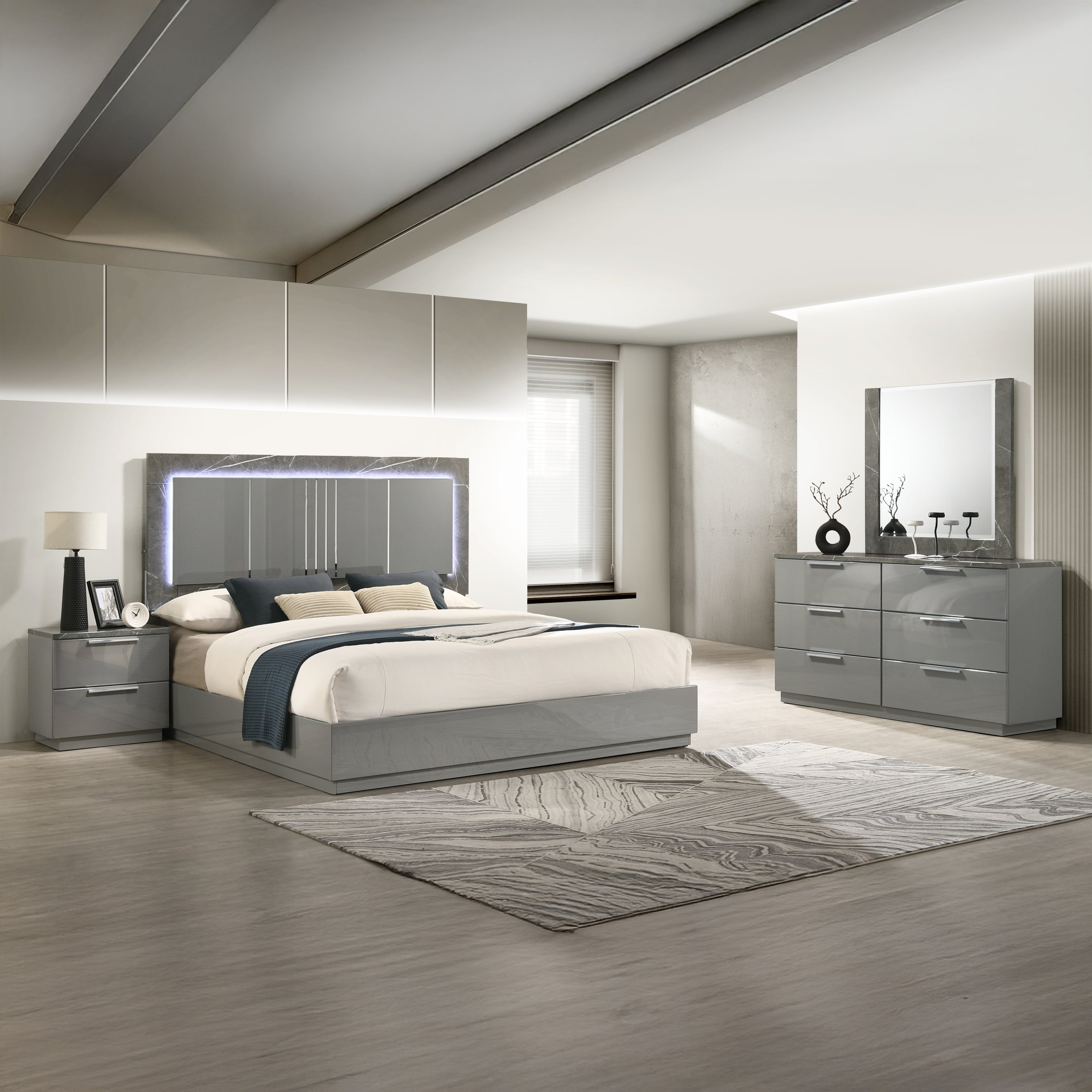 Elara King 4-Piece Set – Two-Tone High-Gloss Marble & Lacquer Finish with LED Lighting, Metal-Finished Legs- Gray (NJ Inventory)