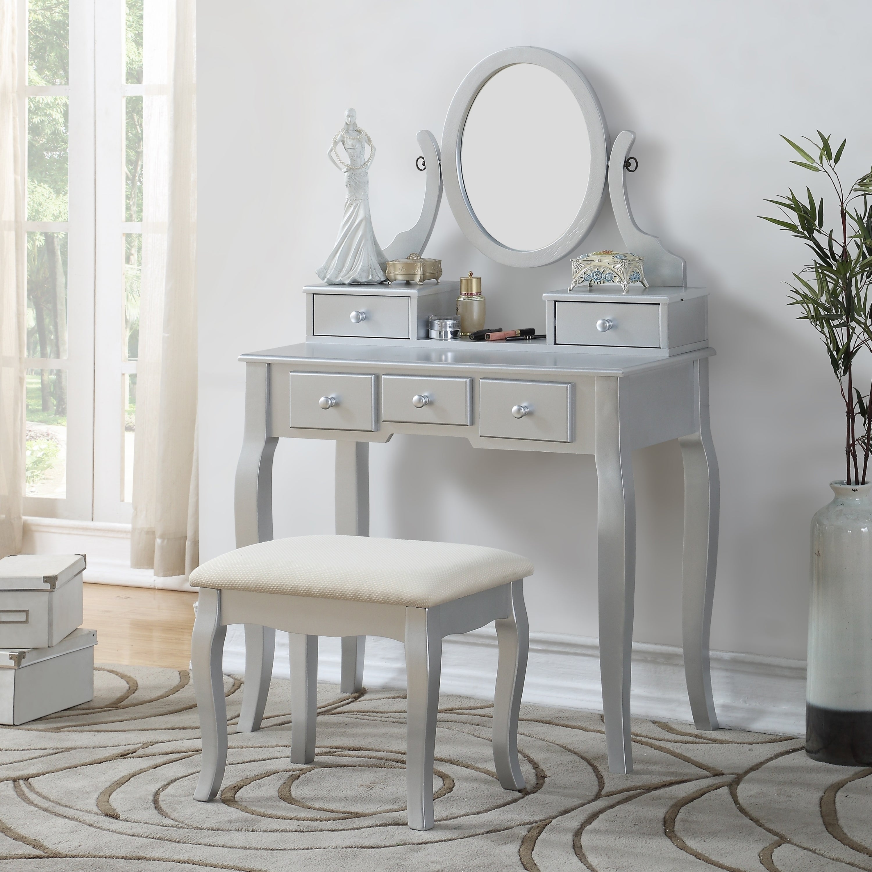Ashley Wood Make-Up Vanity Table and Stool Set, Silver