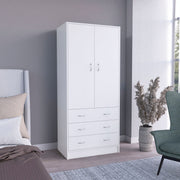 Taly Armoire with Double Doors, 3 Drawers, and Hanging Rod White