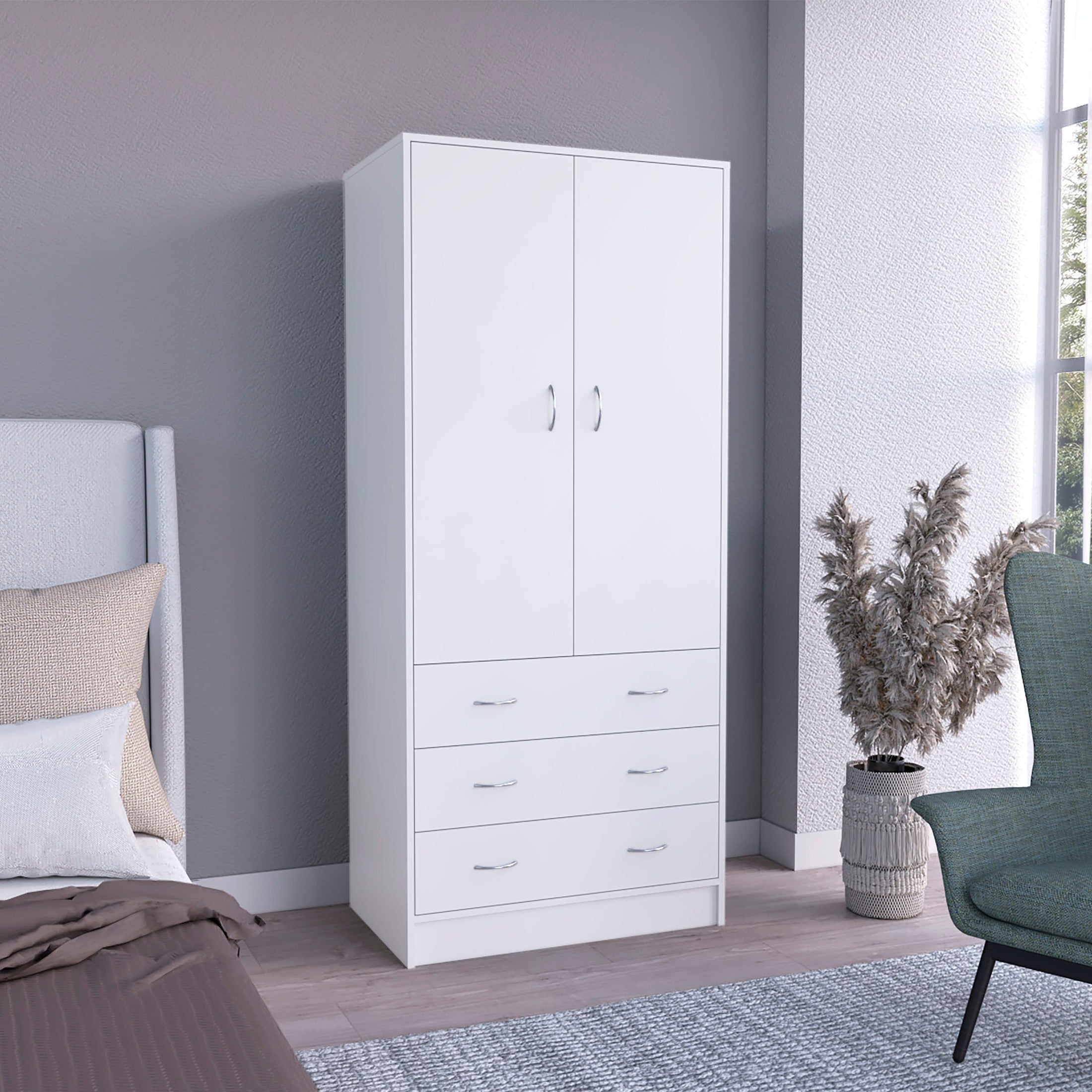 Taly Armoire with Double Doors, 3 Drawers, and Hanging Rod White
