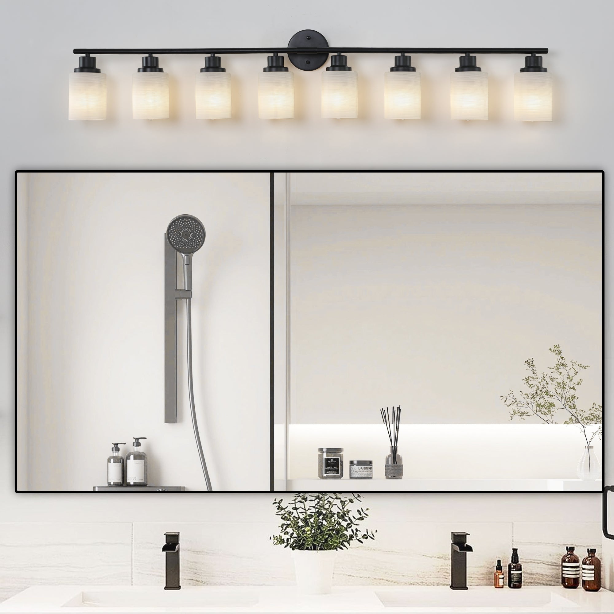 52' Modern 8-Light Vanity Bathroom Mirror Light, Frosted White Glass with Black Iron Frame, Contemporary Wall Sconce for Bedroom, Bathroom, and Dressing Room (Bulb Not Included)