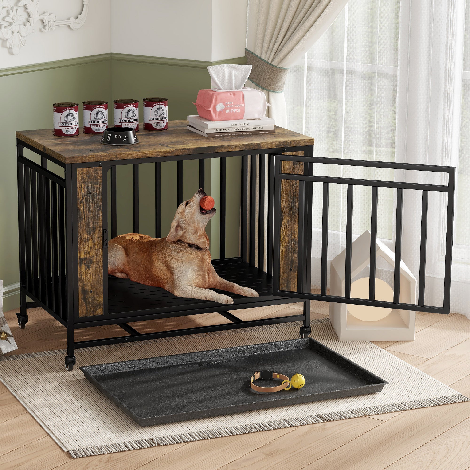 Dog House Furniture, Wooden Dog House Dining Table with Iron Door and Tray for Medium/Small Dogs Indoors, Vintage Wooden Color