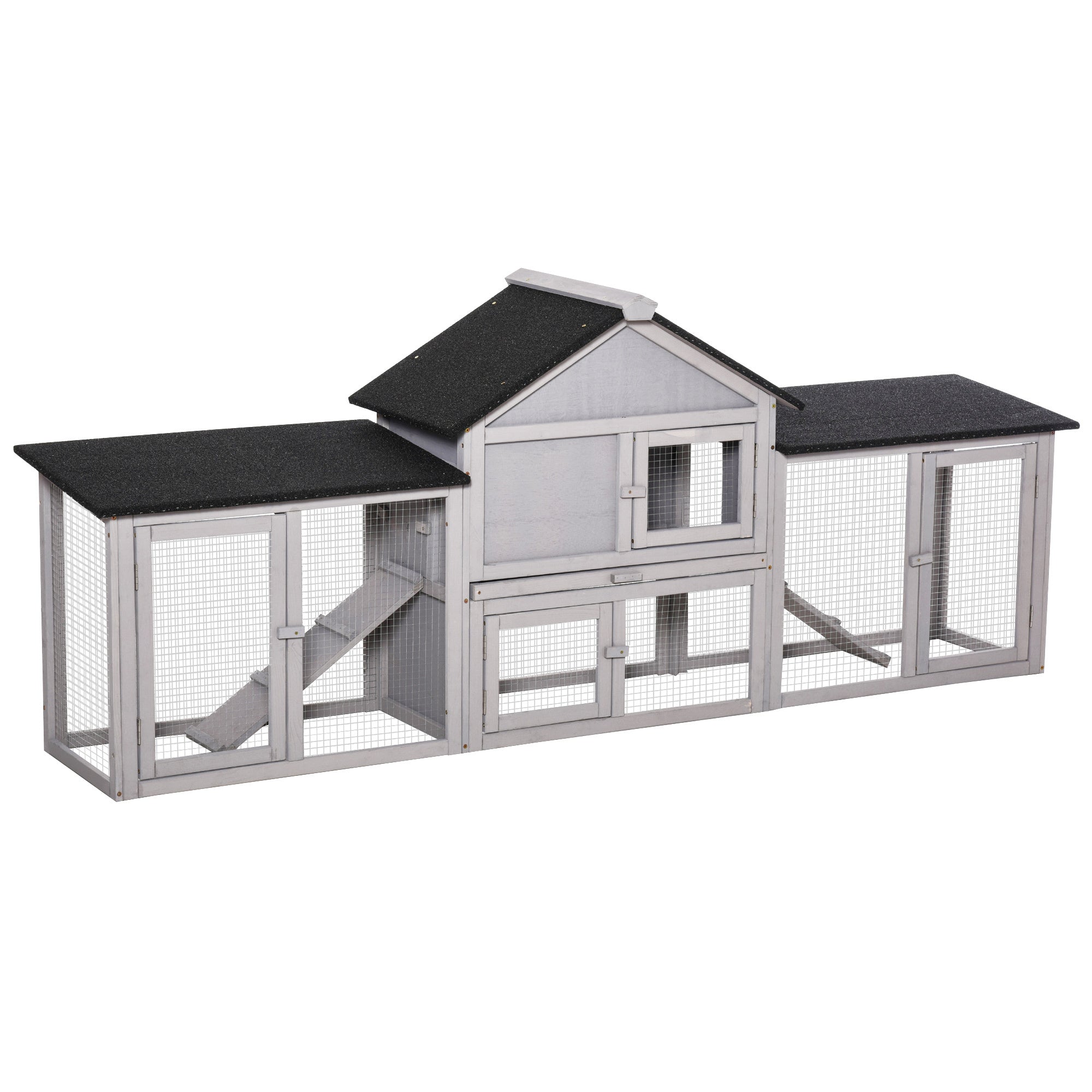 PawHut 83'L Outdoor Rabbit Hutch, Guinea Pig Cage Indoor Outdoor Wooden Bunny Hutch with Double Runs, Weatherproof Roof, Removable Tray, Ramps, Gray
