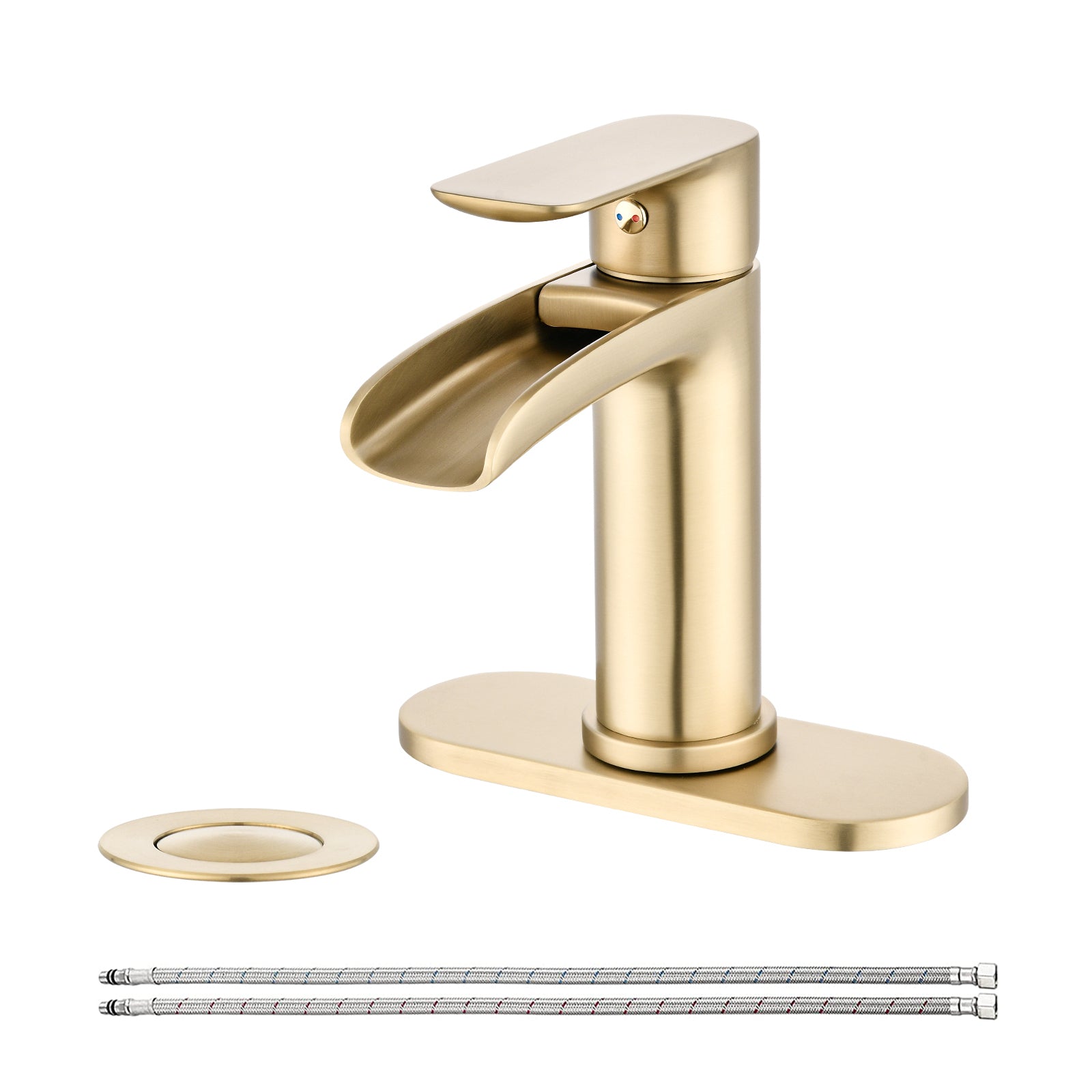 Waterfall Bathroom Faucet Single Handle Bathroom Sink Faucets 1 or 3 Hole Solid Vanity Faucet with Deck Plate & Overflow Pop Up Drain Brushed Nickel