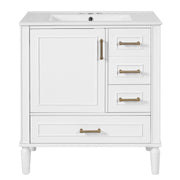 Modern Bathroom Vanity with Ceramic Sink, Soft-Close Door, Built-in Shelf, and Multiple Drawers, White Finish, Solid Wood & MDF, 30 Inches