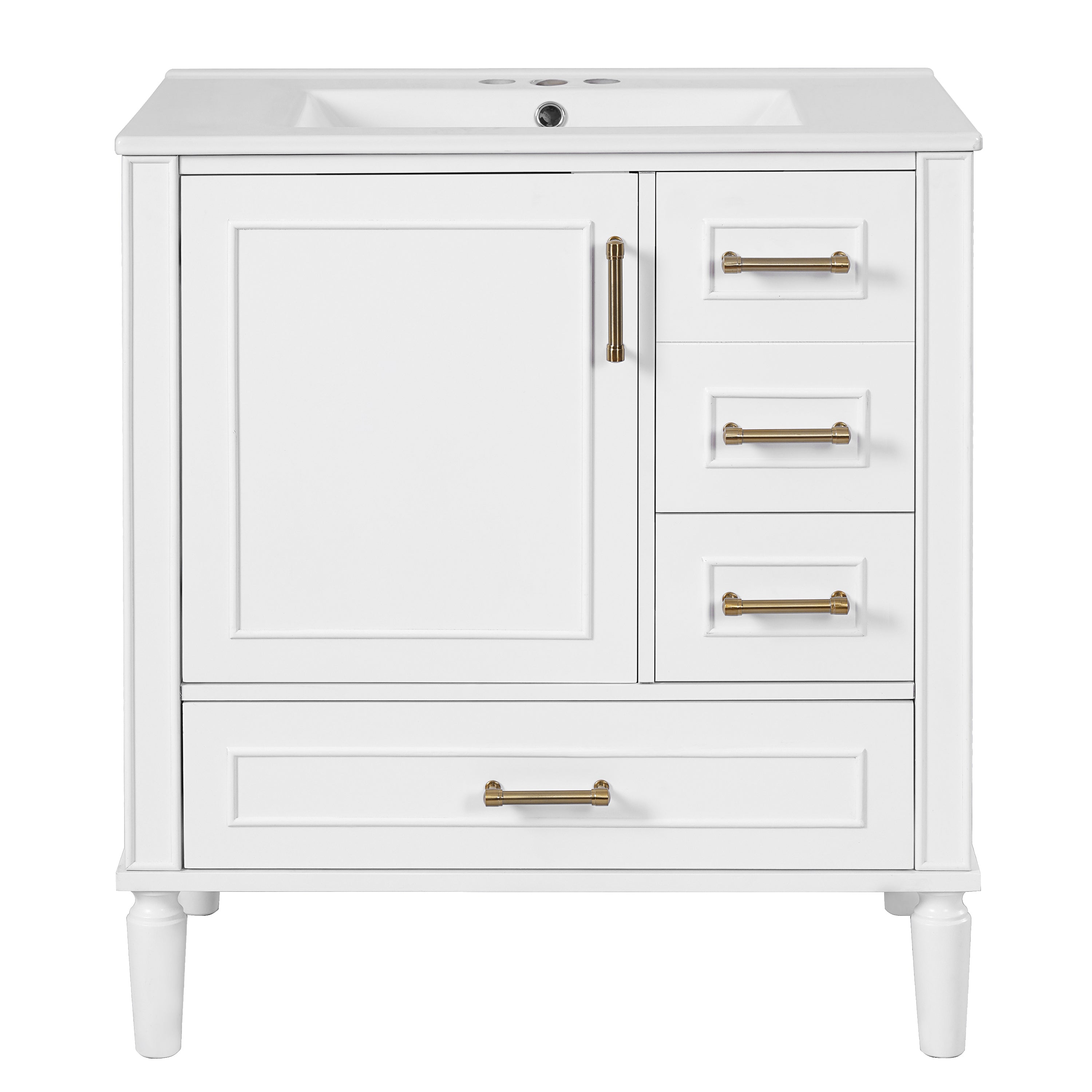 Modern Bathroom Vanity with Ceramic Sink, Soft-Close Door, Built-in Shelf, and Multiple Drawers, White Finish, Solid Wood & MDF, 30 Inches