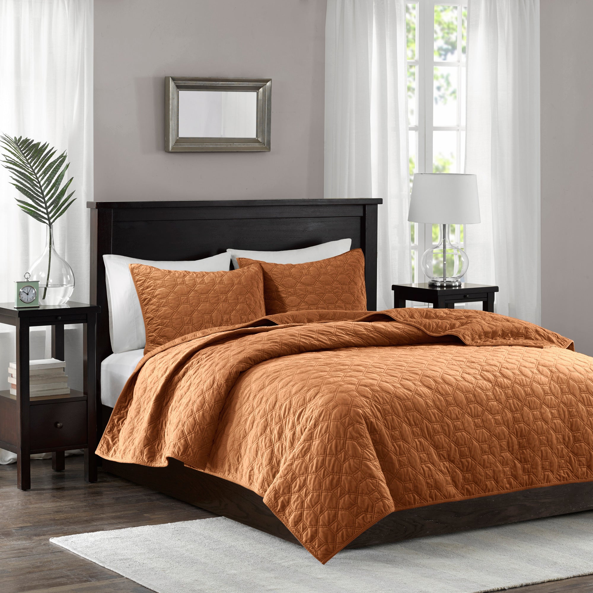 3 Piece Velvet Quilt Set Rust Full/Queen