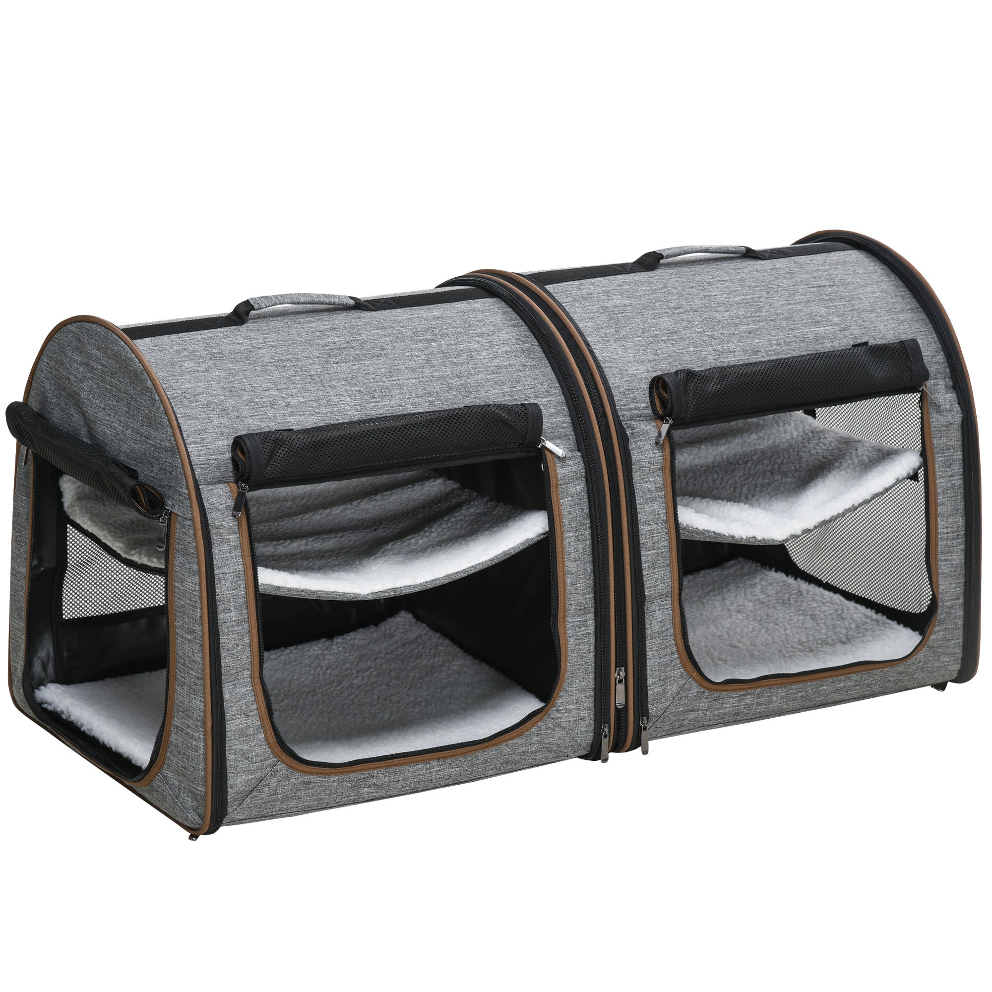 PawHut 39' Portable Soft-Sided Pet Cat Carrier with Divider, Two Compartments, Soft Cushions, & Storage Bag, Grey