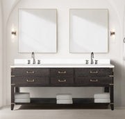 Brown Oak Double Bath Vanity 80 in. W x 22 in. D, with White Quartz Top