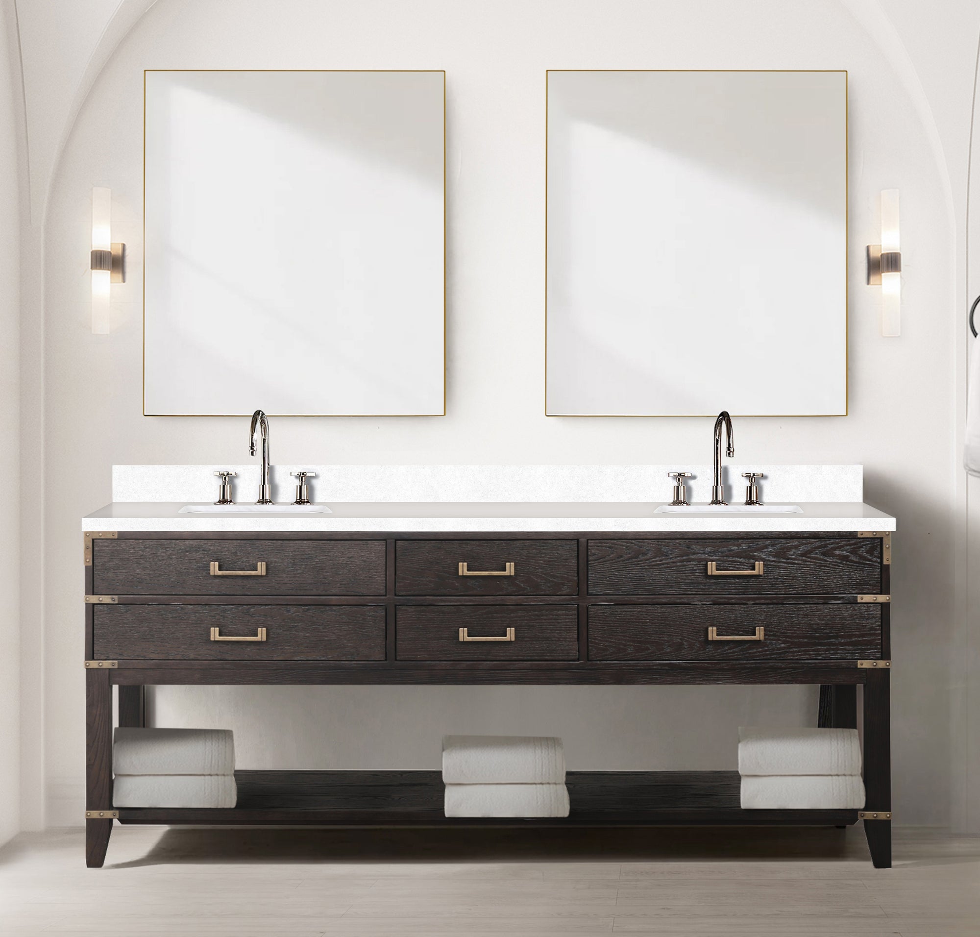 Brown Oak Double Bath Vanity 80 in. W x 22 in. D, with White Quartz Top