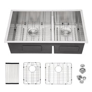 Modern Undermount Double Bowl Kitchen Sink with Dual 10' Deep Basins in Brushed Nickel Stainless Steel