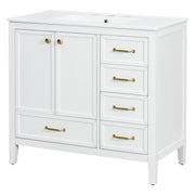 Vintage Style 36' Bathroom Vanity with Sink, Soft-Closing Door, 4 Different Size Drawers, Solid Wood Frame, White