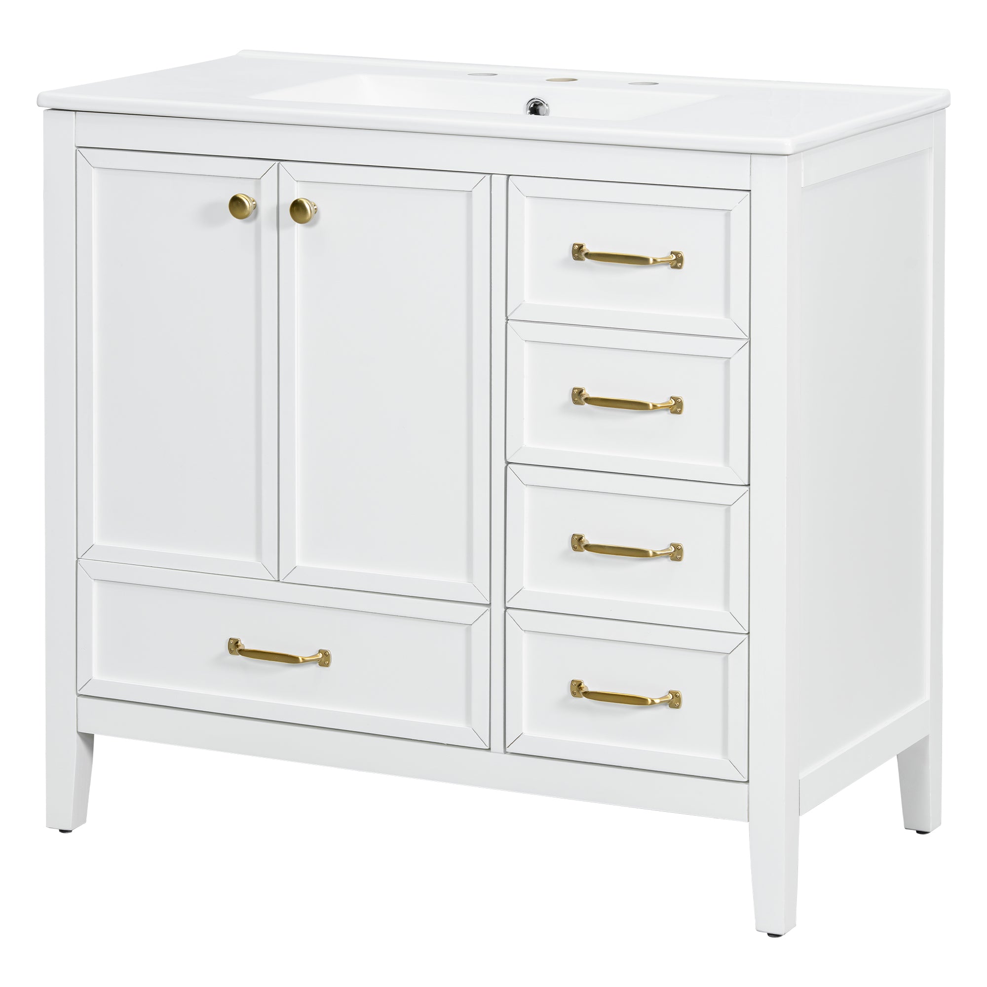 Vintage Style 36' Bathroom Vanity with Sink, Soft-Closing Door, 4 Different Size Drawers, Solid Wood Frame, White