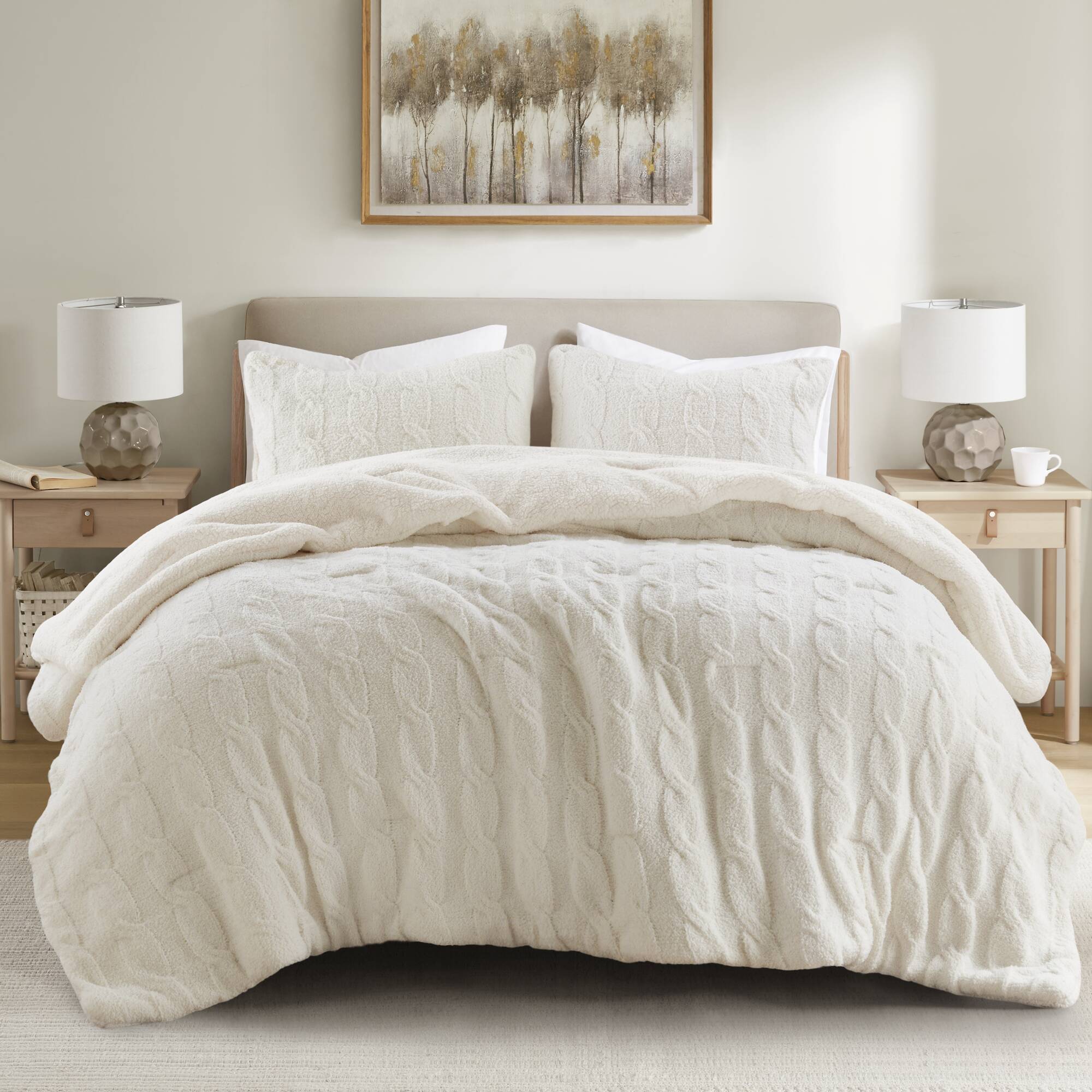 3 Pieces Full/Queen Cable Knit Chenille Comforter Set,Ivory