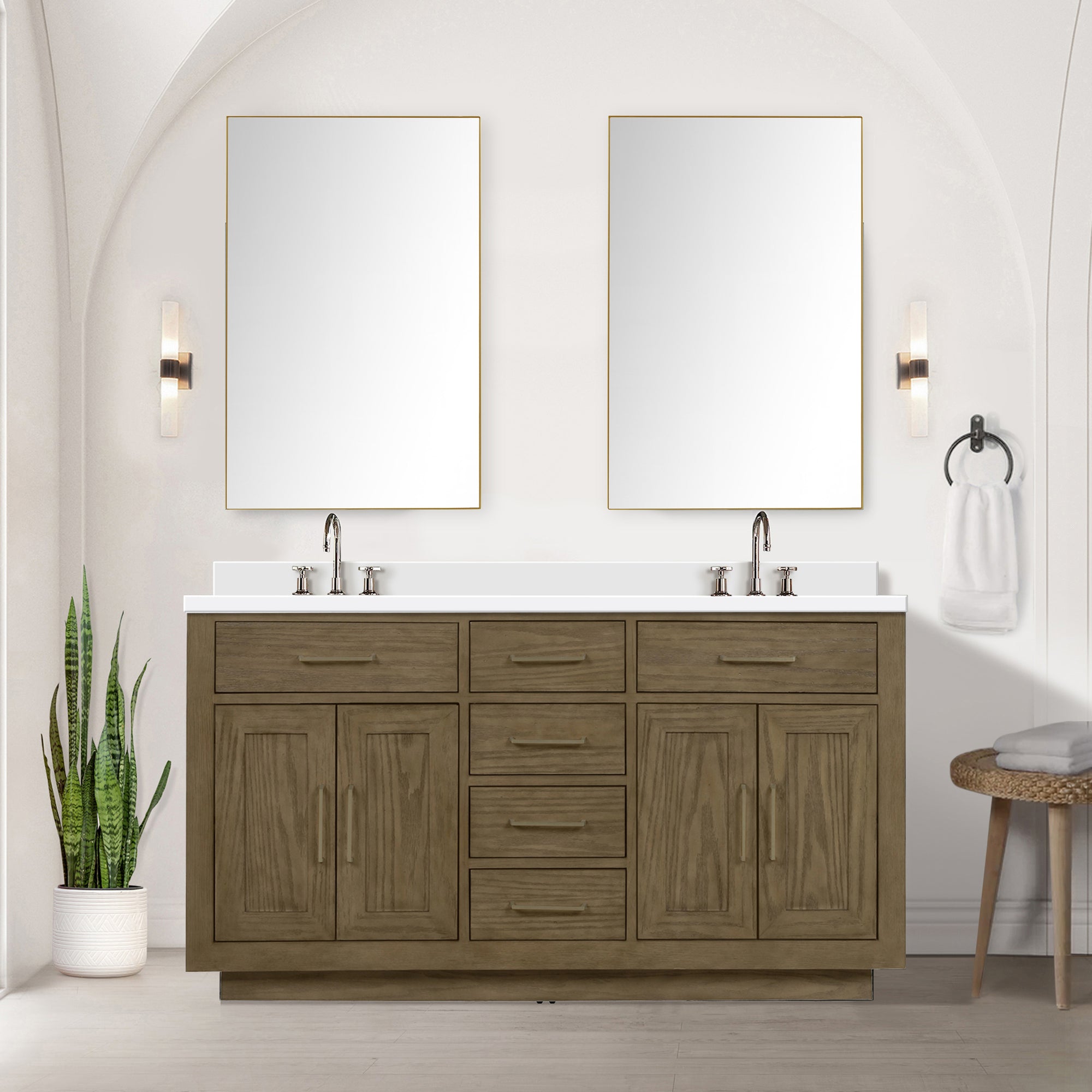 Grey Oak Double Bath Vanity 60 in. W x 22 in. D, White Quartz Top, and Faucet Set