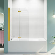 34' W x 58' H Frameless Folding Pivot Bathtub Door, 1/4' (6mm) Thick SGCC Clear Tempered Glass Door, Bathroom Pivot Bifold Shower Tub Door Panel, Reversible Installation, Brushed Gold Finish