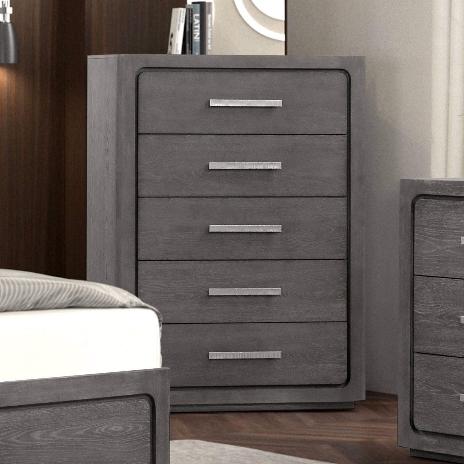 Unique Chest 1pc English Dovetail Drawers Nickle Metal Handle Rounded Edges Metal Slide Glides Warm Grey Finish Contemporary Bedroom Furniture