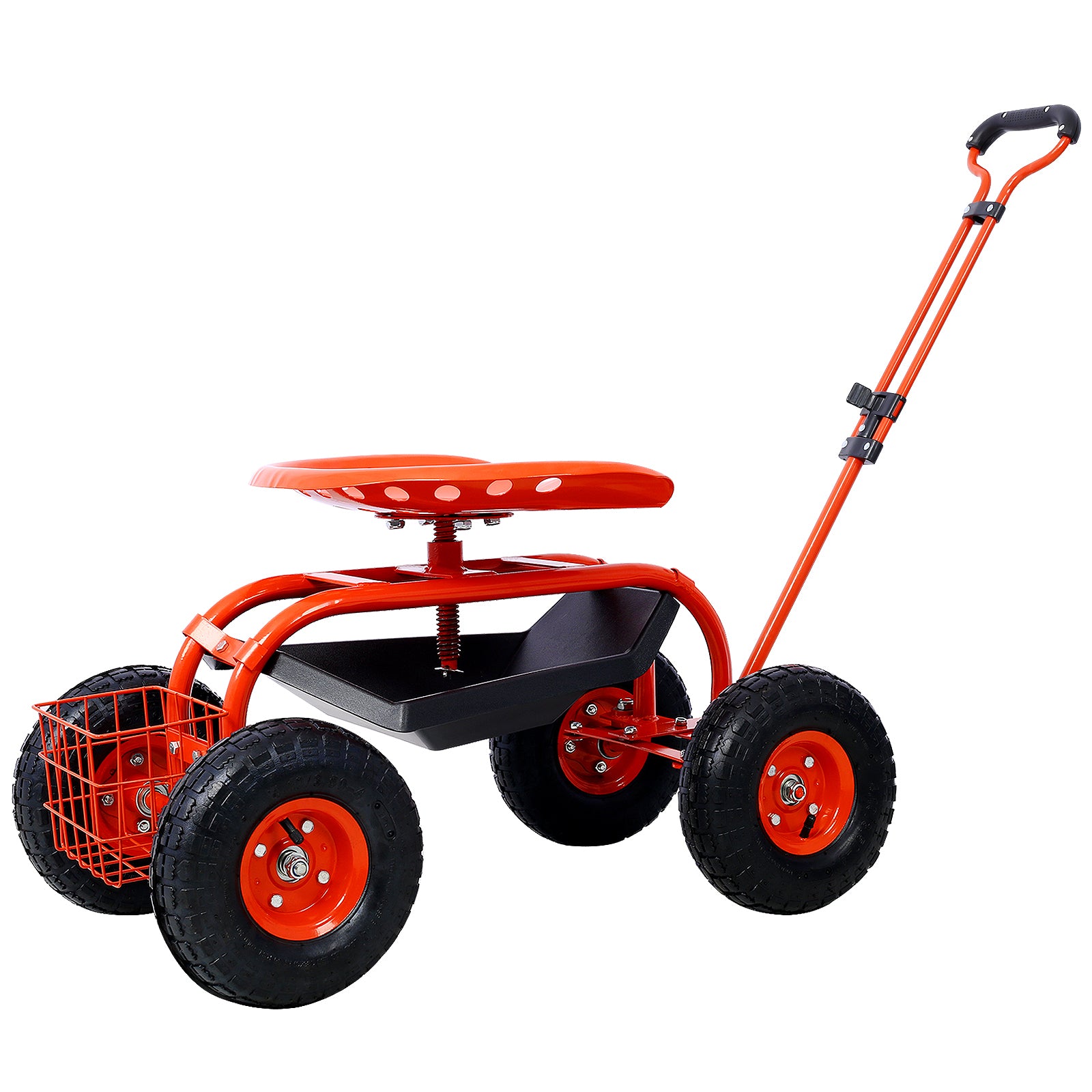 Rolling Garden Scooter Cart Seat with Wheels, 360 Swivel Seat, Tool Tray, Red Steel, 42.5 inches