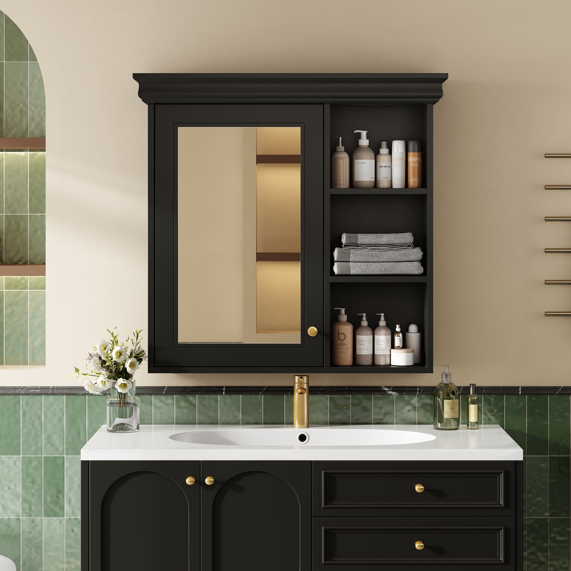30'' x 28'' Bathroom Medicine Cabinet with Mirror, Wall Mounted Mirror Cabinet with Storage Organizer, Over the Toilet Storage Black Storage Cabinet for Bathroom