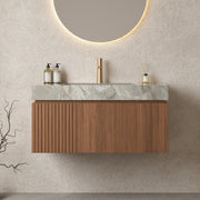 MURI 36' Bathroom Vanity with Sink, Wall-Mounted Plywood Bathroom Storage Cabinet with Drawer and Door, Light Gray Sintered Stone Countertop and Ceramic Basin, Pre-assembled, Brown Oak Woodgrain Color