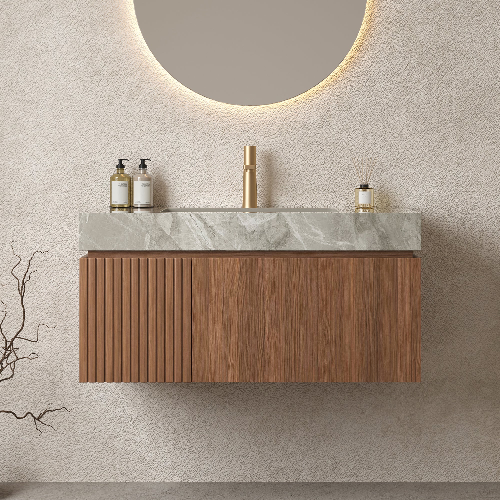 MURI 36' Bathroom Vanity with Sink, Wall-Mounted Plywood Bathroom Storage Cabinet with Drawer and Door, Light Gray Sintered Stone Countertop and Ceramic Basin, Pre-assembled, Brown Oak Woodgrain Color