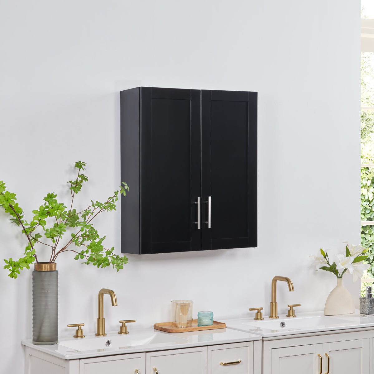 Wood Hanging Cabinet with Doors and Shelves